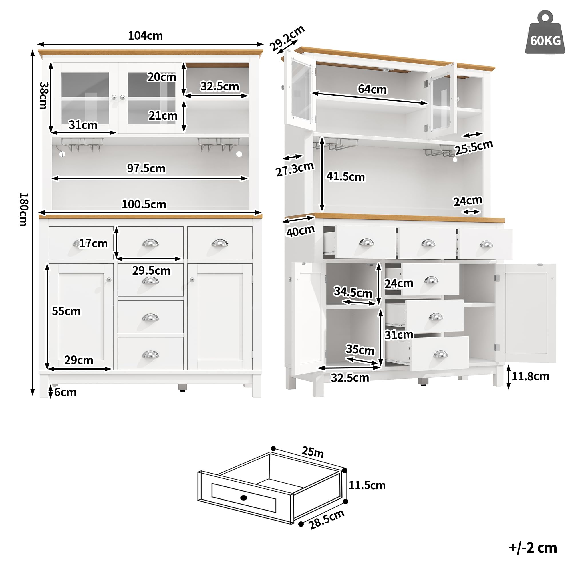 Seitenboard/Aufbewahrungsschrank/Küchenschrank/Buffetschrank, 104x40x180cm, Landhausstil, 4 Türen, mit LED-Lichtleiste & Getränkehaltern, Weiß
