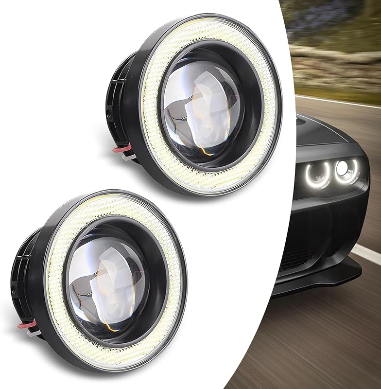 Farol de neblina LED redondo Prywog com halo branco COB para carro – Kit com 2 unidades