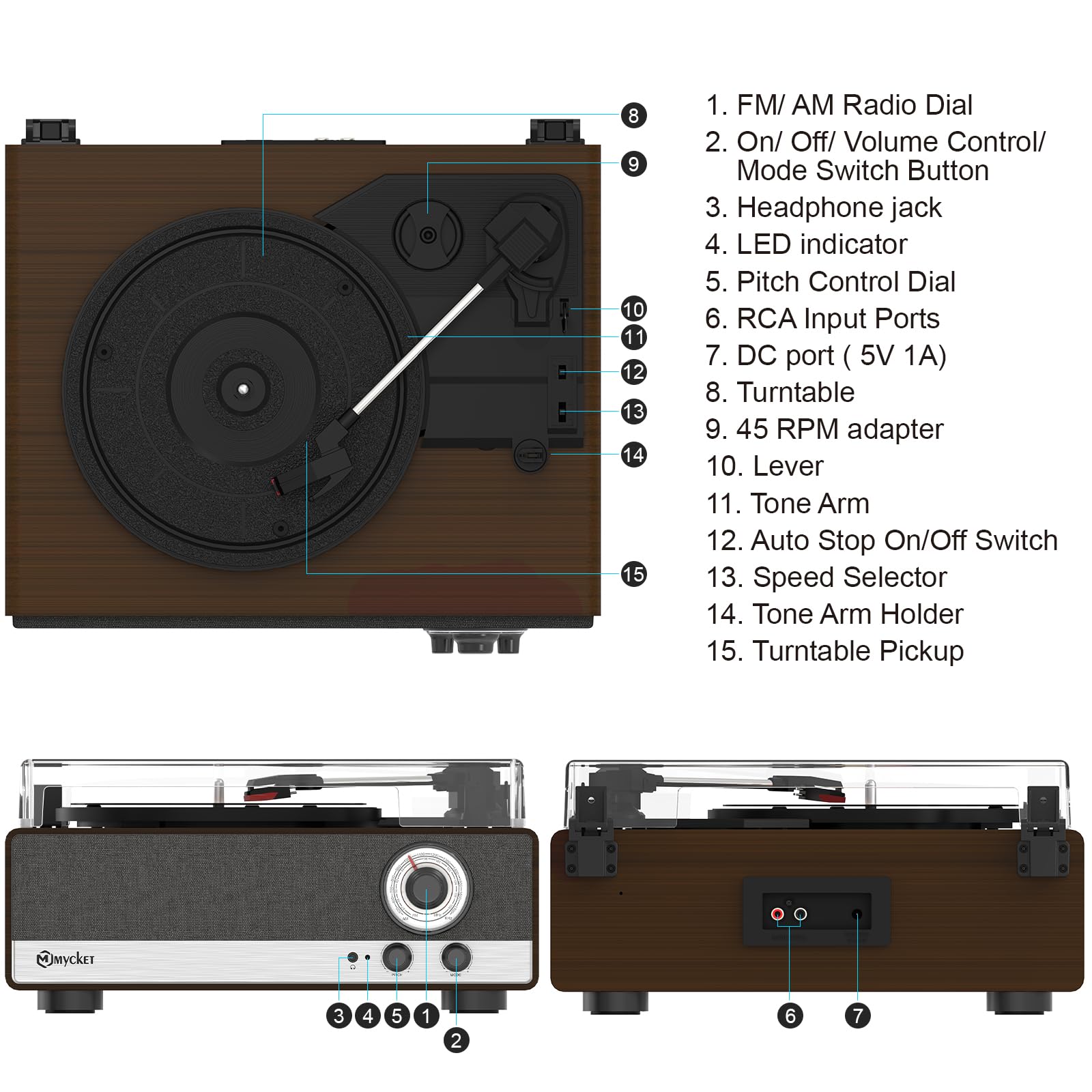 Mycket Giradischi in vinile Bluetooth 5.3 con altoparlanti integrati, vintage, giradischi con 3 marce, 33/45/78 U,AM/FM, trasmettitore Bluetooth, RCA Out, Auto-Stop