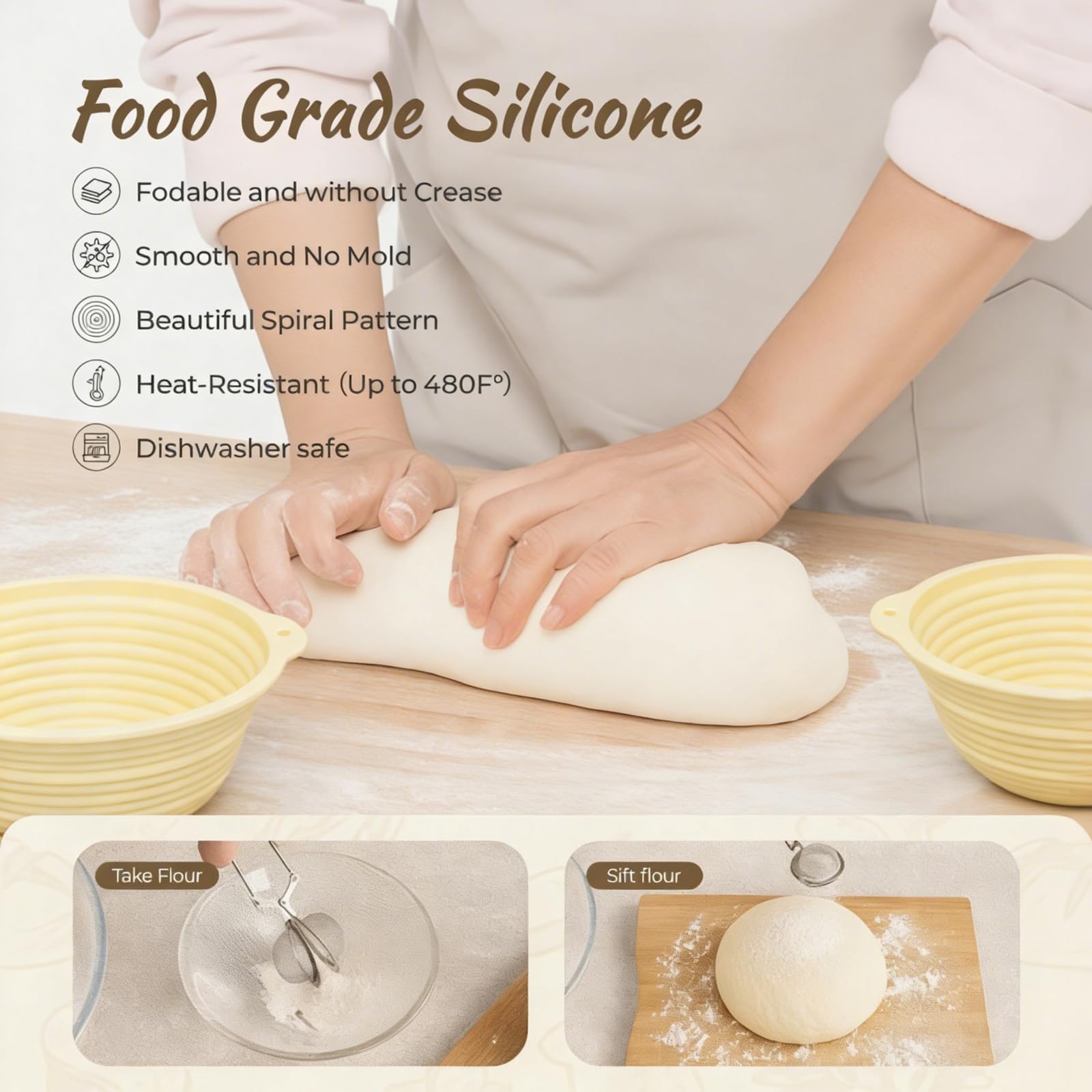 Cottura del Pane lievitazione Set Silicone Pieghevole Rotondo da 23 cm e uno ovale da 25 cm un Barattolo per Lievito Madre Accessori per Cottura Ideale per Cottura Domestica e Professionale
