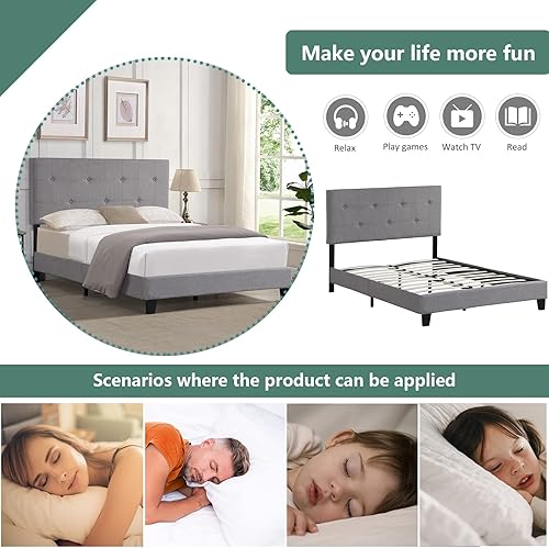 Miniatura 6 de Base de cama tapizada de tamaño Queen con cabecera copetuda de tela, soporte de listones de madera fuerte, base de colchón, no necesita somier, para