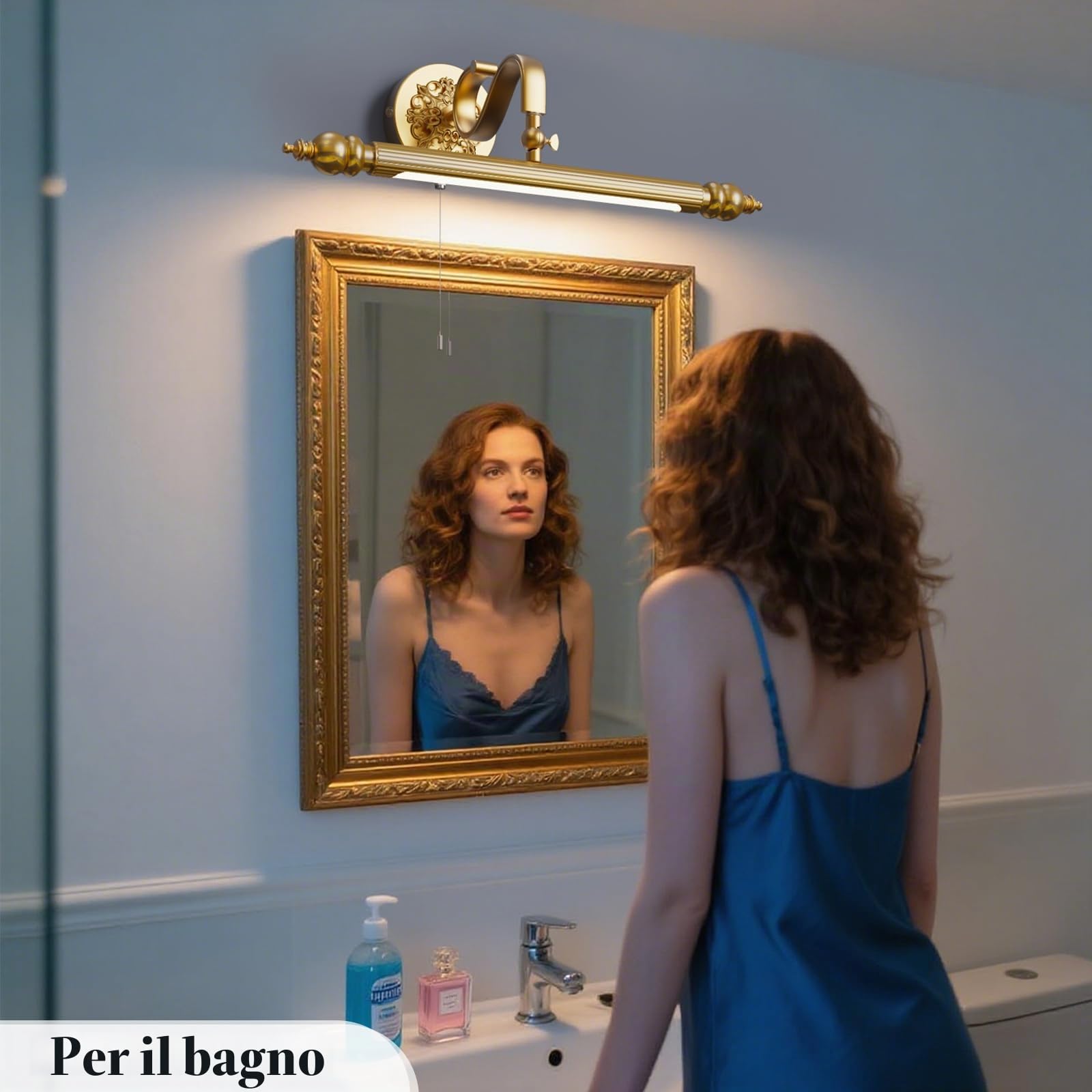 ACMHNC Lampada Specchio Bagno 51 cm, con Interruttore a Catena | 4000K Applique Bagno Oro, IP44, Braccio orientabile 240°, 8W 720lm, luce per Toletta e Quadri, 230V