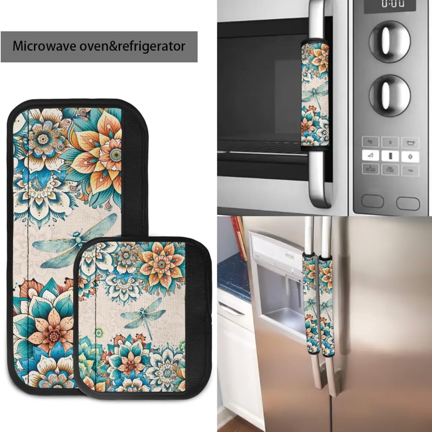 Refrigerator Handle Covers Set of 6 Boho Dragonfly Mandala Kitchen Appliance Gloves Fridge Handle Cover Keep Clean&Washable