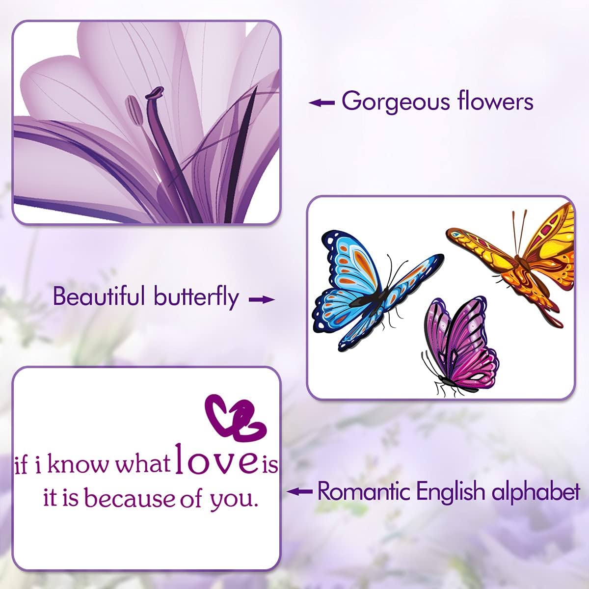 LiveGallery Beautiful Lovely Lily Flowers Wall Decals Removable DIY Butterfly Flower Vines Art Decor Wall Stickers Murals for Living Room TV Background Kids Gilrs Rooms Bedroom Decoration (Purple) - 