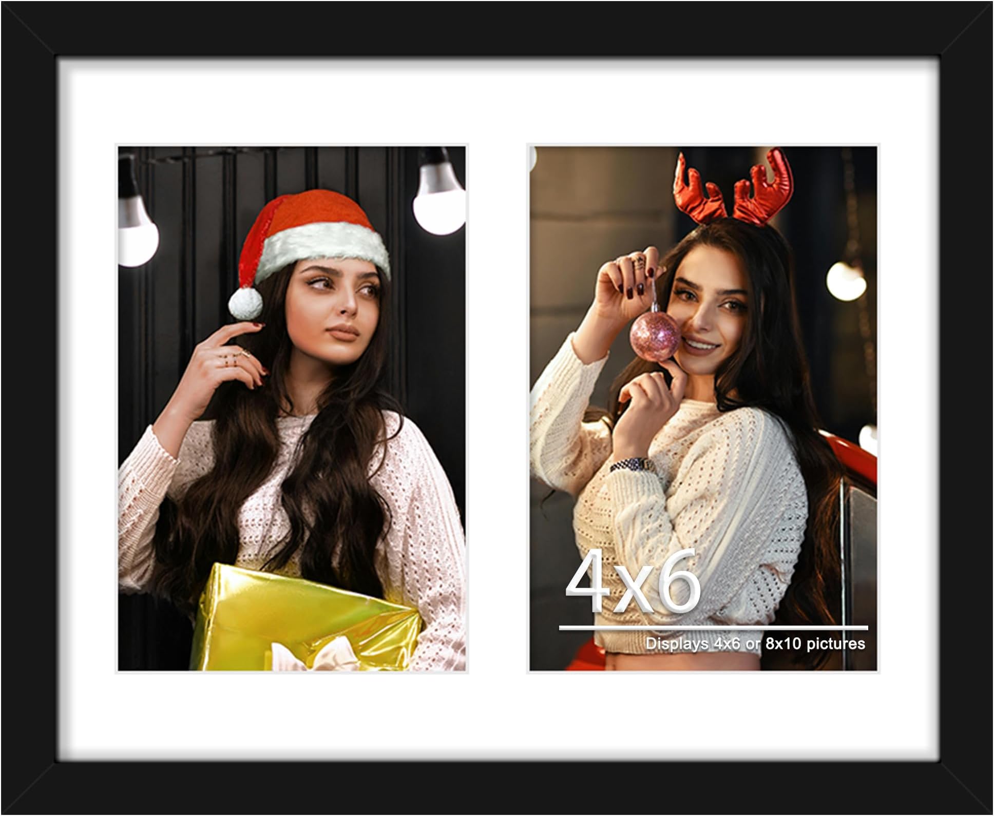 8x10 Double Picture Frame White Mat For Displaying Two 4x6 Pictures, Photo Frame for Wall Mounting or Tabletop, Black.