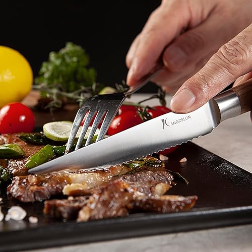 Miniatura 6 de kangdelun Natura Series - Juego de 8 cuchillos dentados para carne de 4.5 pulgadas, acero inoxidable de alto carbono, mango de madera amarillo