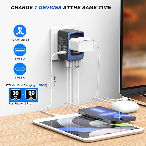 Miniatura 2 de Adaptador de viaje universal, PD 35 W 7 en 1 adaptador de enchufe de alimentación internacional con 7.0A 4 USB-C y 2 USB-A cargador de pared rápido,