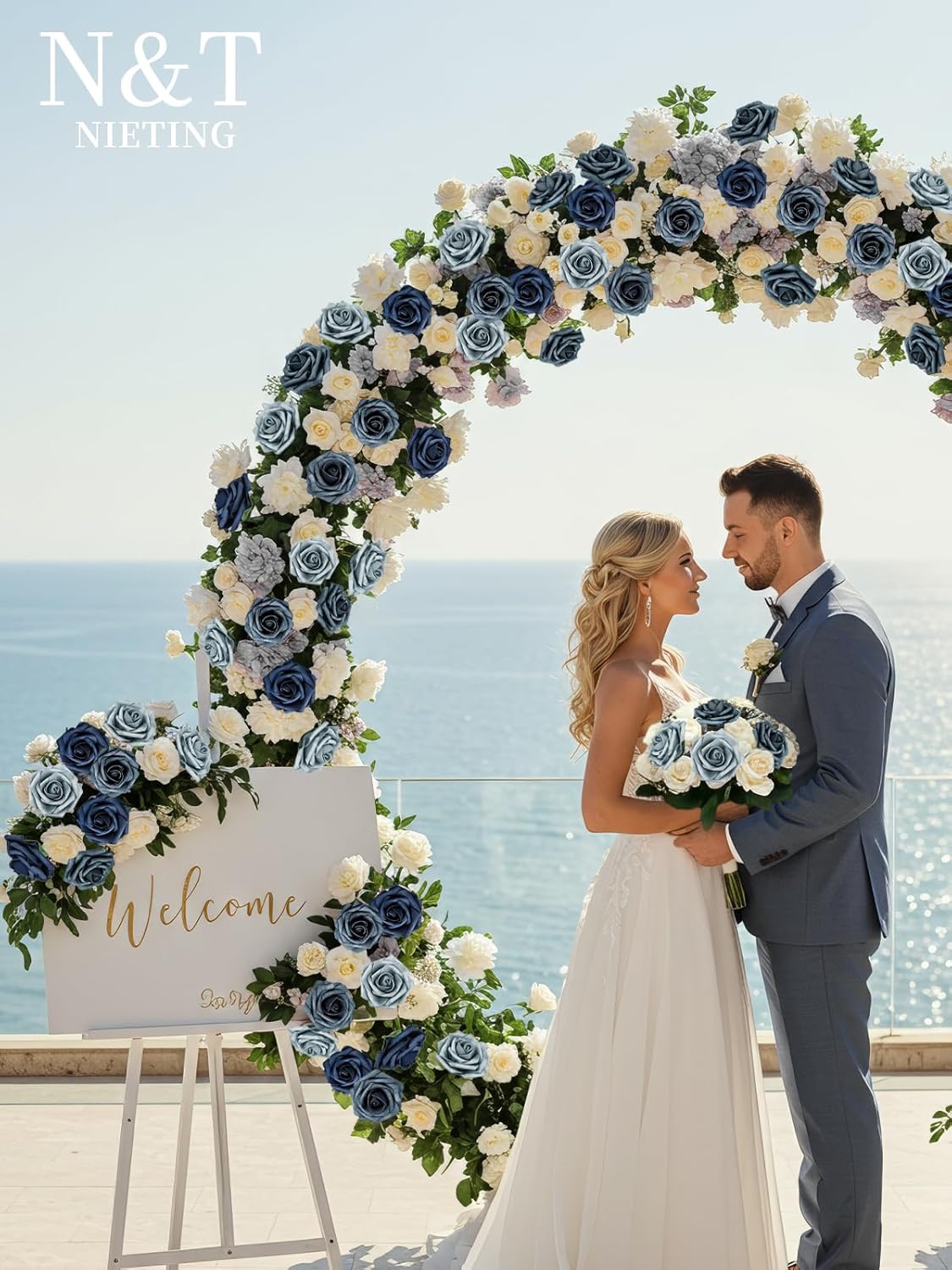 N&T NIETING Fake Roses,25pcs Artificial Flowers Dusty Blue Fake Roses Faux Flowers Fake Flowers for DIY Wedding Bouquets Centerpieces Floral Arrangements Home Decorations Shades of Navy Blue - Image 3