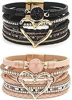 COAUXOG 2Pcs Boho Multi-Layer Woven Leather Wrap Bracelets Heart Rhinestone Stackable Women's Fashion Jewelry