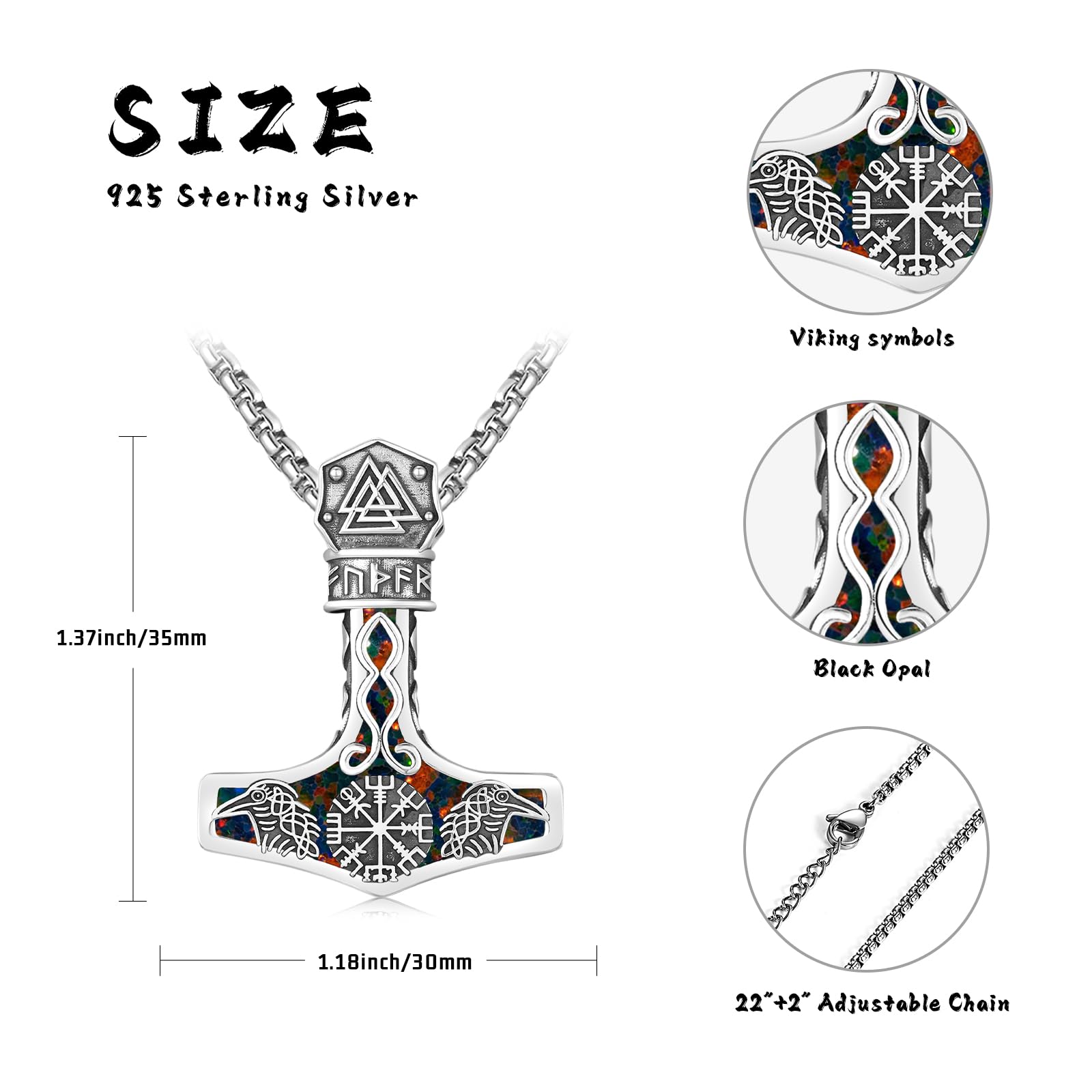Mjolnir Halskette Sterling Silber Wikinger Kompass Anhänger Thor Hammer Rabe Halskette Nordische Runen Vegvisir Amulett Schmuck Geschenke für Frauen Männer