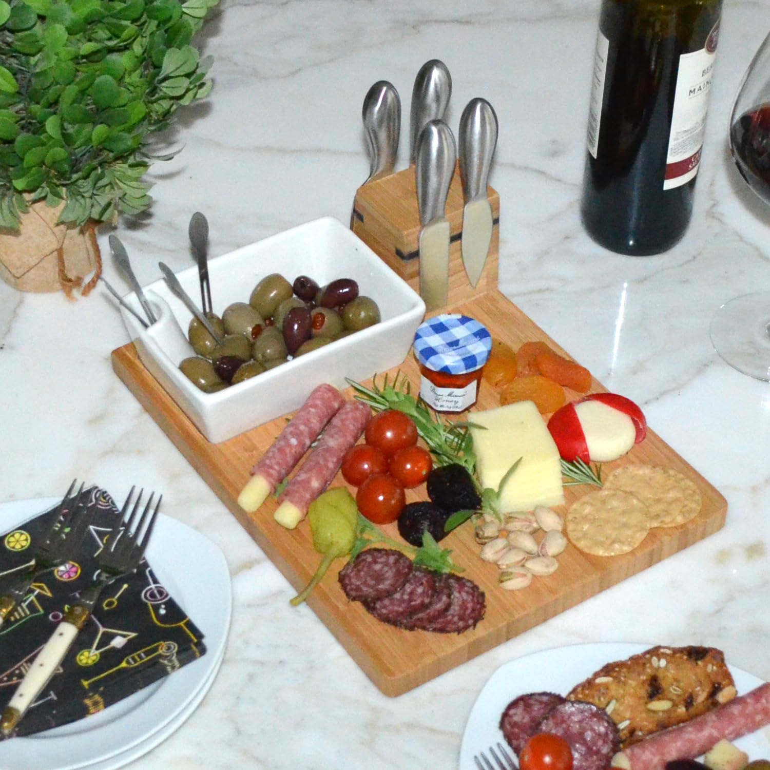 Picnic at Ascot Personalized Engraved Bamboo Cheese Board with Knife Set, Ceramic Bowl, Cocktail Sticks & Cheese Markers- Designed & Quality Checked USA