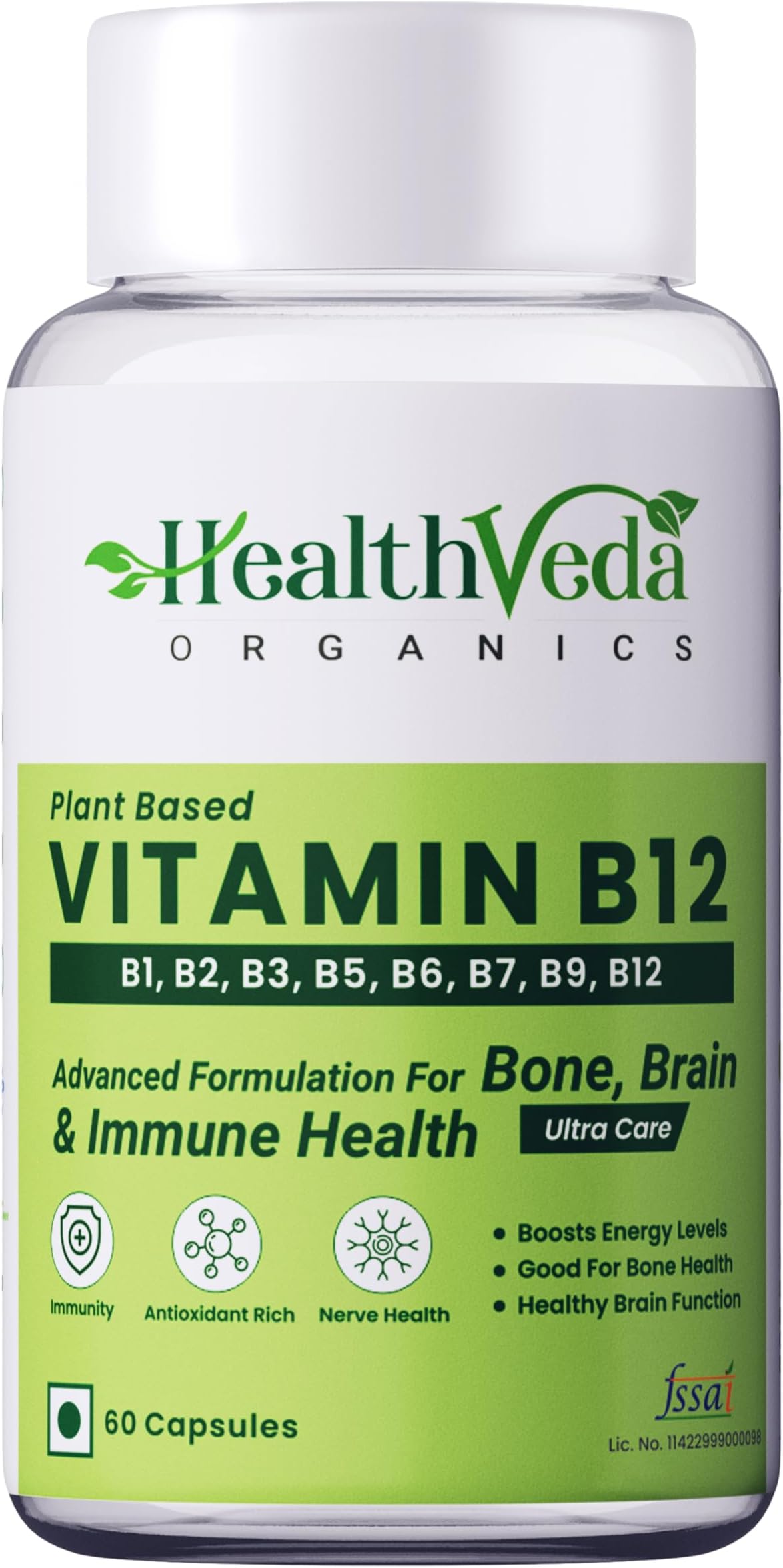 Health Veda Organics Plant Based Vitamin B12 Supplement with Moringa | B1, B2, B3, B5, B6, B7 & B9 | Boosts Energy, Brain, Nerve & Heart Health | 60 Veg Capsules