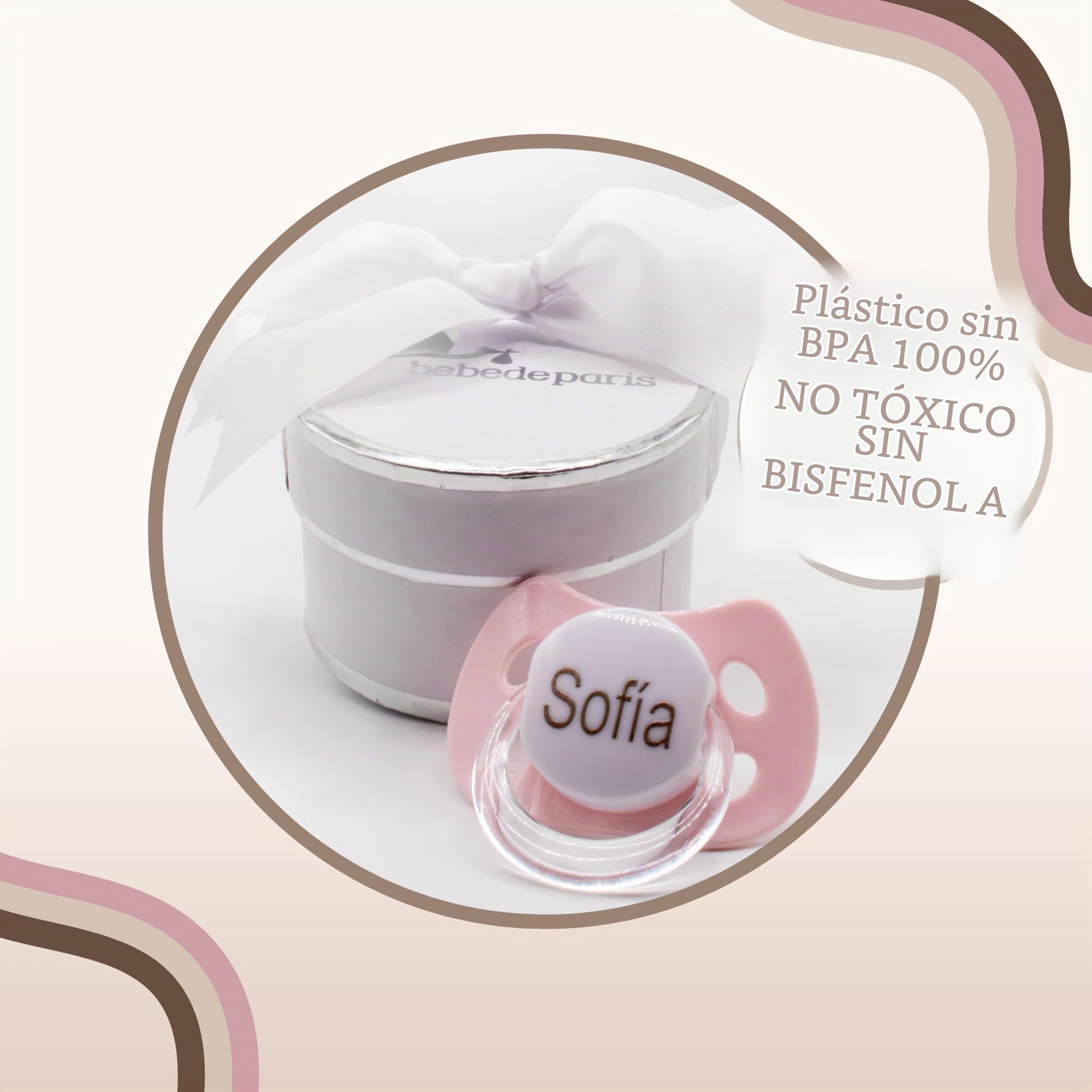 Canastilla | Set Personalizado de Gorro + Manoplas y Patucos con Chupete Grabado con Nombre del Bebé | Hecho a Mano en España (Rosa) | BebeDeParis