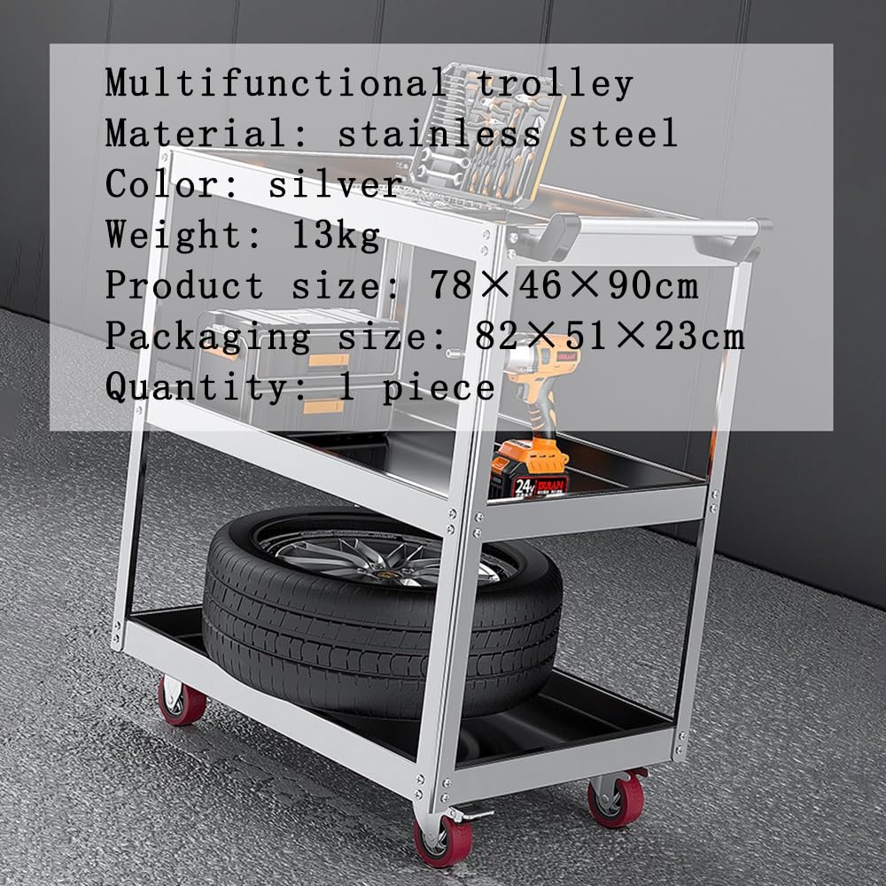 Carrello a 3 ripiani in acciaio inox, capacità 300 kg, vassoio grande e ruote bloccabili, ideale per cucina, officina, magazzino