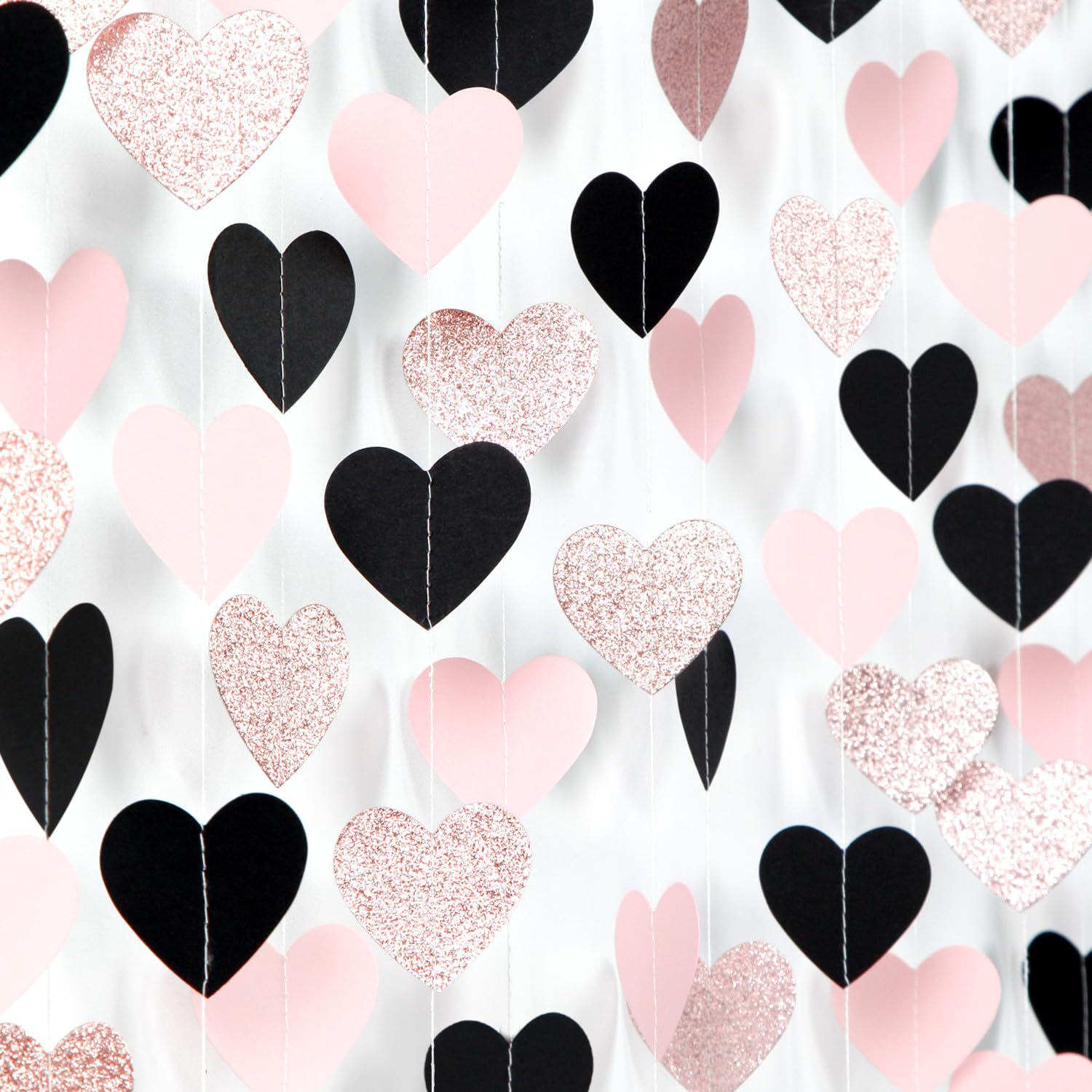 Rose-Gold Black-Pink Valentines Party-Decorations Heart-Garland - 52ft Glitter Galentines Hanging Streamers Banner,Women Romantic Special Night