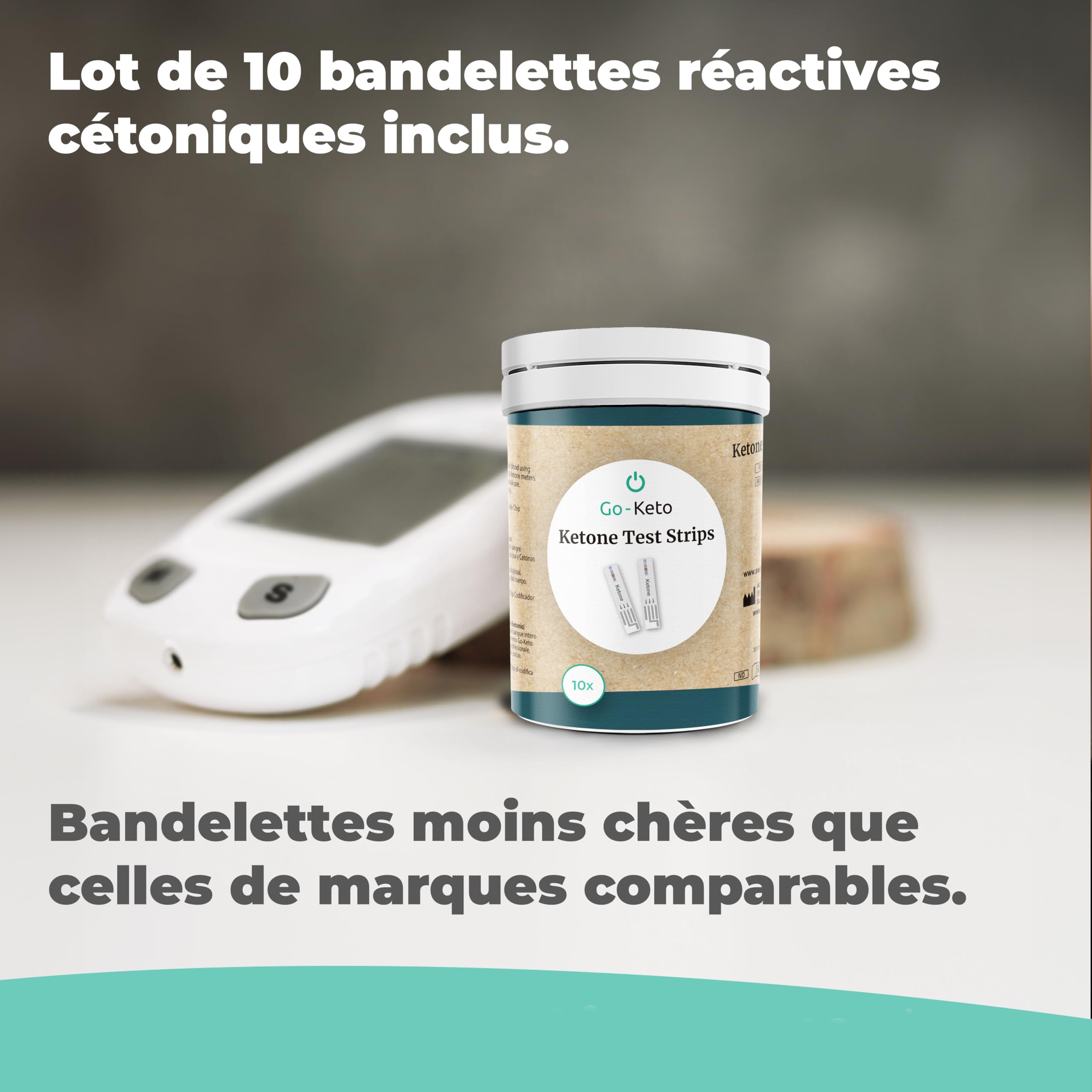 Go-Keto Kickstart Set | Cétones Mesureur, 10 bandelettes de test de cétone | Ketone Check pour la maison