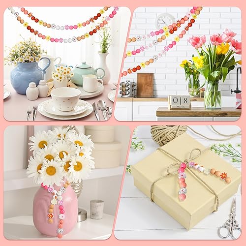 Miniatura 7 de Tradder Juego de 200 cuentas de madera de margaritas de 0.630 in y 0.787 in, redondas, de madera surtida, sueltas, redondas, de margaritas, floral,