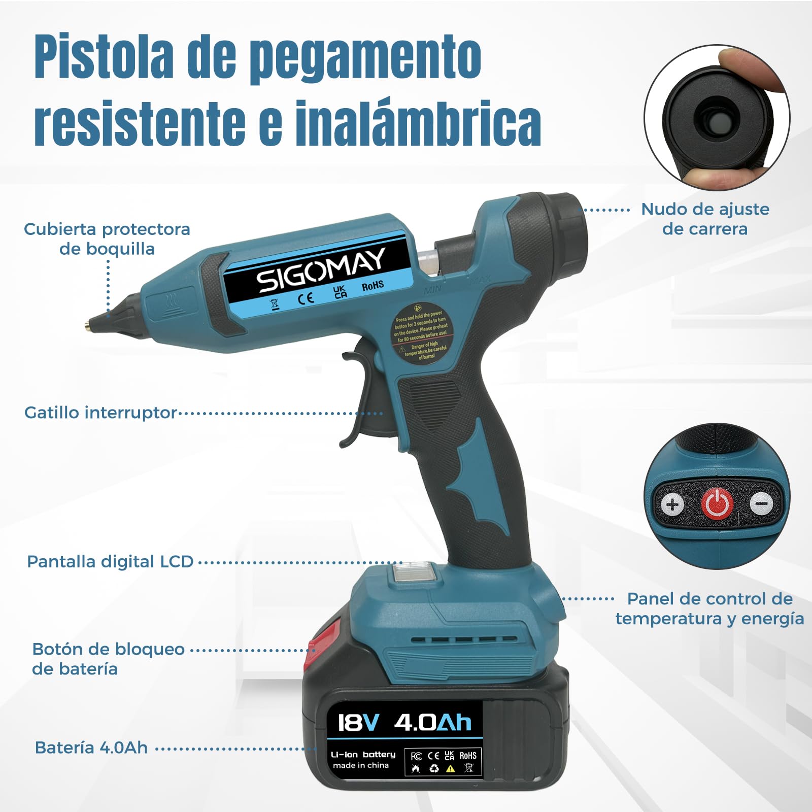 Pistola de Silicona Caliente Inalámbrica 110W, Kit con 2x Baterías 4.0Ah, Pantalla LCD con Control de Temperatura y Batería, Función de Memoria, 100-200°C, Compatible con Batería Makita 18V