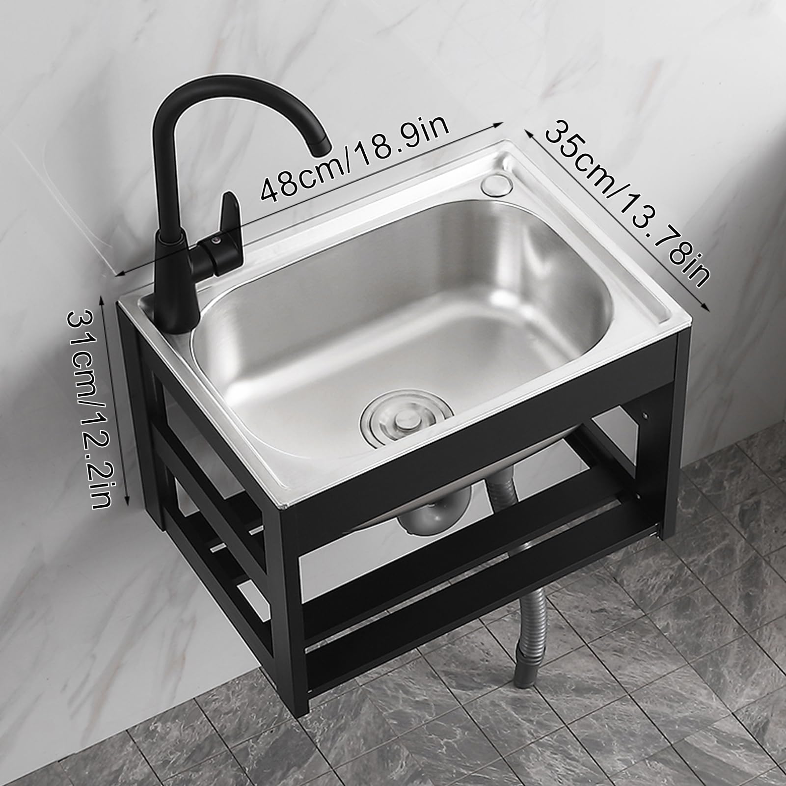Lavello da Cucina,lavello Cucina a Parete in Acciaio Inox,lavabo Singolo,Set di Servizi con Rubinetto e Tubo per Lavanderia,Facile Pulire (48x35cm/18,9x13,78 Pollici)