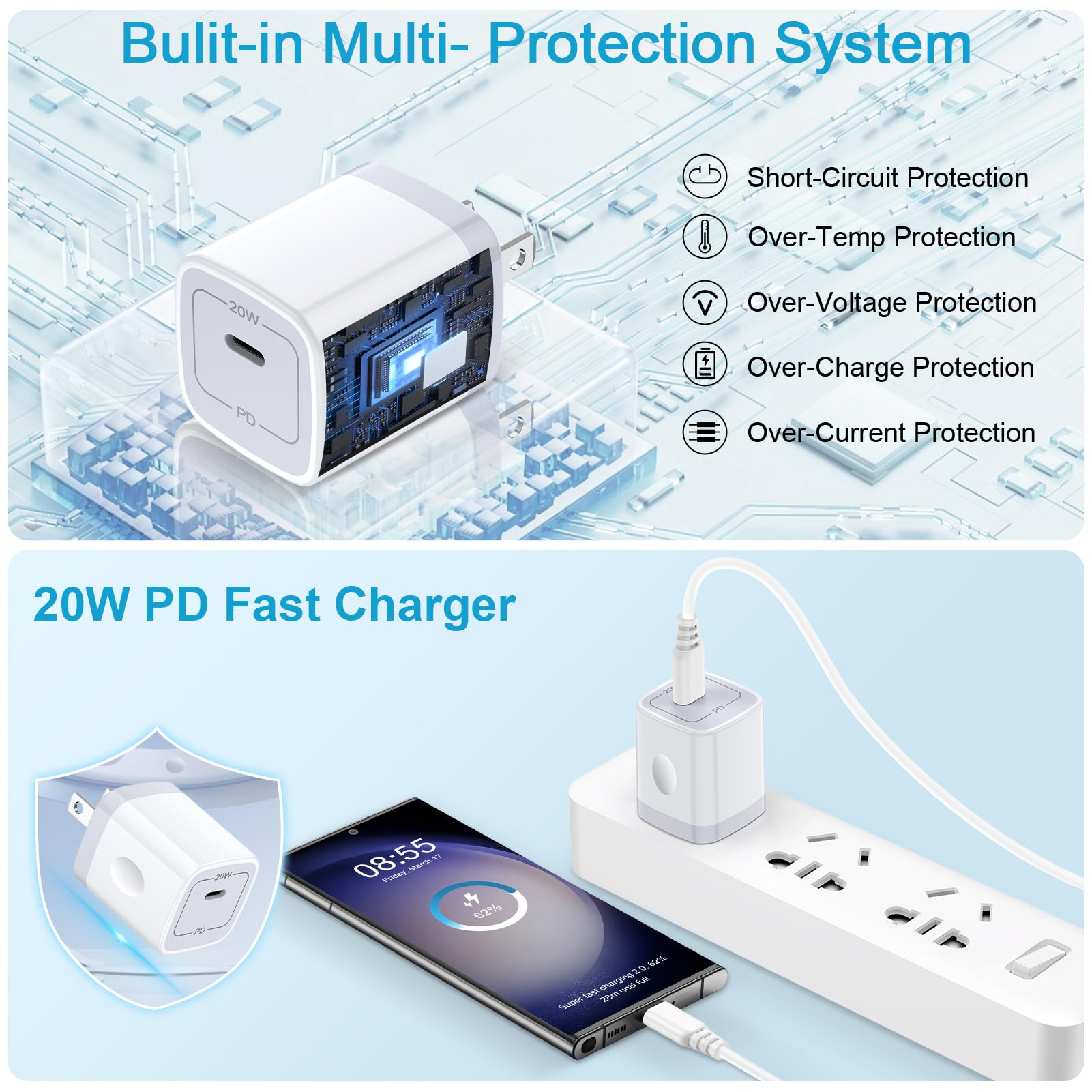 Samsung S24 Fast Charging Block Type C Charger Adapter for Samsung Galaxy A15 5G/A35/A55/A54/A14/A53/S24 Ultra/S23/S22/S21/S10,2Pack 20W USB C Android Phone Wall Charger Plug for iPhone 15/14/13/12/11