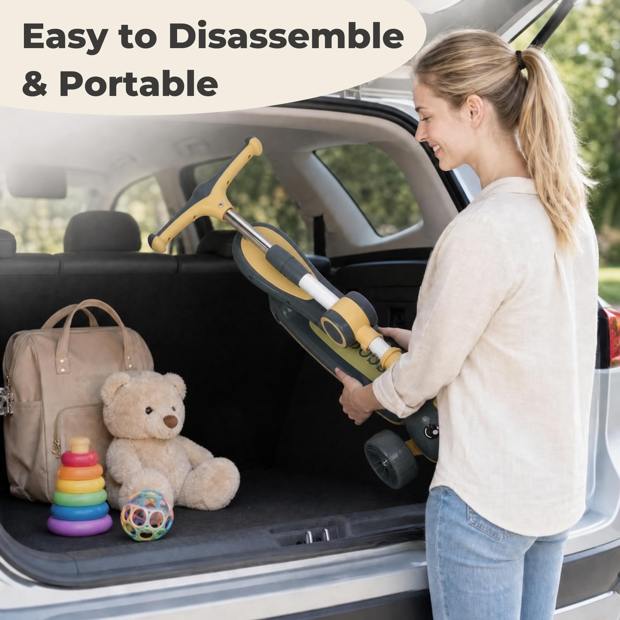 Trottinette 3 en 1 pour enfant avec barre de poussée, siège amovible et roues LED, hauteur réglable sur 3 niveaux, pour enfants de 1 à 8 ans, jusqu'à 50 kg