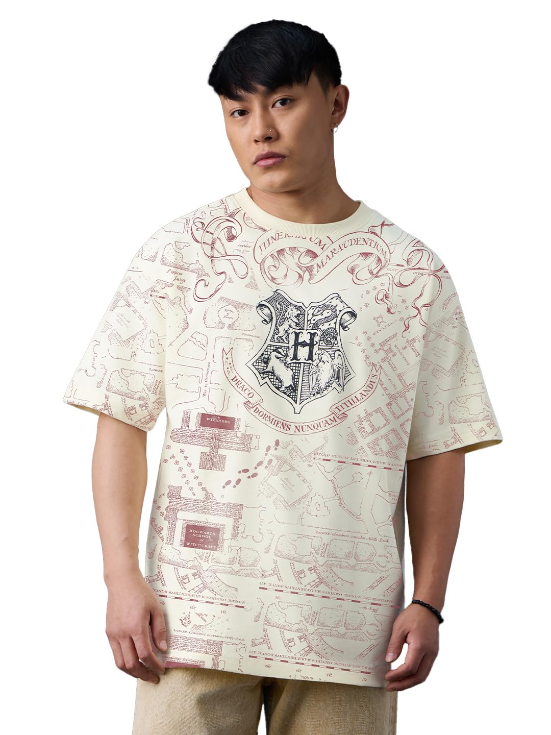 the souled store Official Harry Potter: Marauder's Map (Solar) Men and Boys Short Sleeves Round Neck Cream Graphic Printed Magic Map Oversized T-Shirt-picture-46