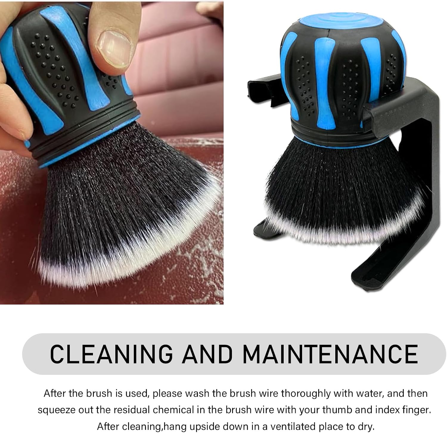 Car Cleaning Brush, Air Conditioning Vent Seat Gap Detail Dust Removal Brush with Storage Rack, Multi-Function Ball Soft Brush with Non-Slip Handle, for Most Cars Trucks Home (Blue) image 5