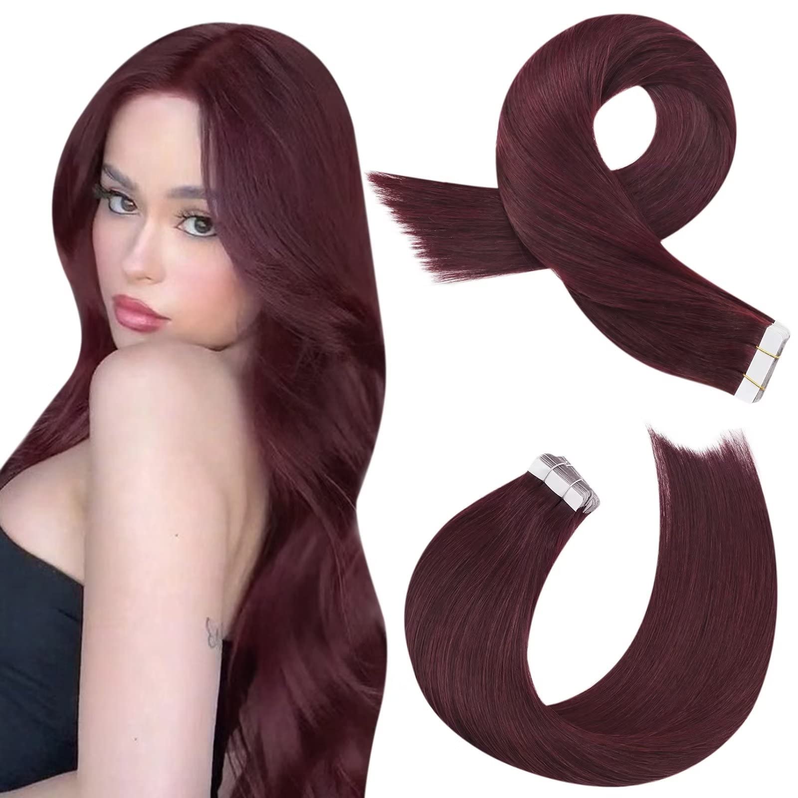 Moresoo Burgundy Hair Extensions Tape in Human Hair Extensions 18 Inch Adhesive Tape Hair for Women #99J Wine Red Hair Extensions Full Head 20 Pieces Glue on Silky Straight Hair 50g