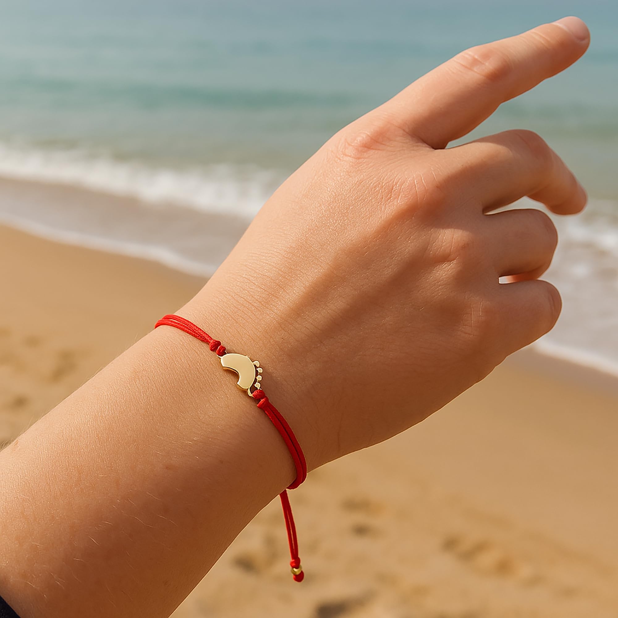 585 Gold Armband für Damen mit Babyfüßen 14K Goldarmband 16-20 cm Rot Band Geflochtene Freundschaftsbänder