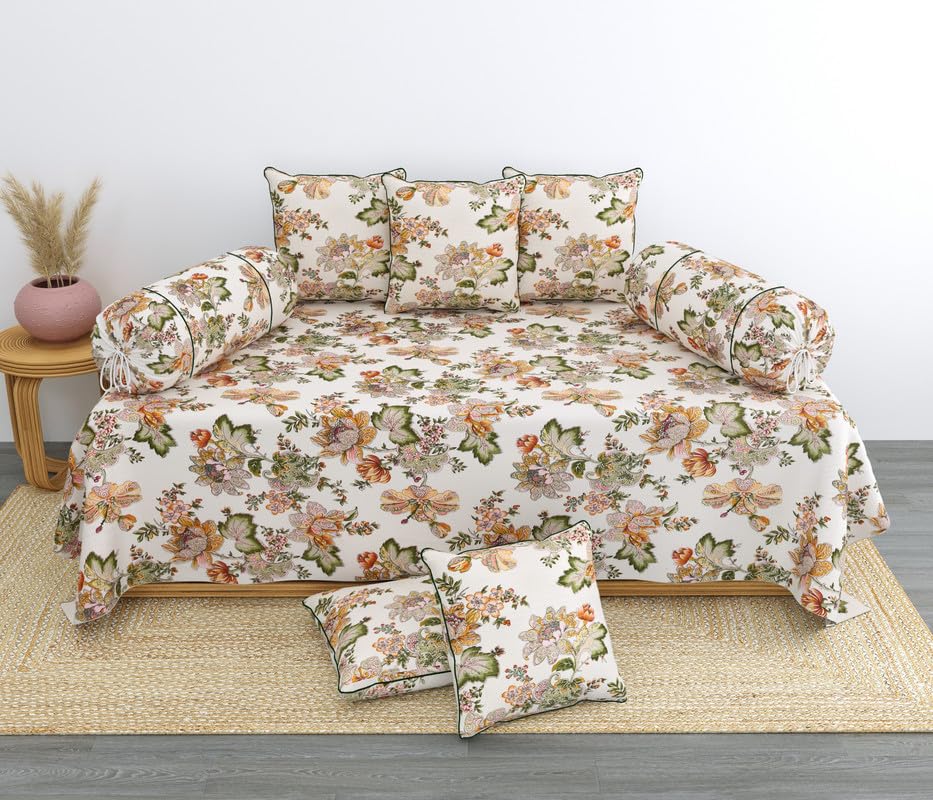Linenovation Luxuries 100% South Cotton Printed 8 Piece Diwan Set -Include-1 Single Bedsheet 5 Cushion Covers(16 inch X 16 Inch) and 2 Boosters(18 Inch X 28 Inch) White Bird Print-picture-10