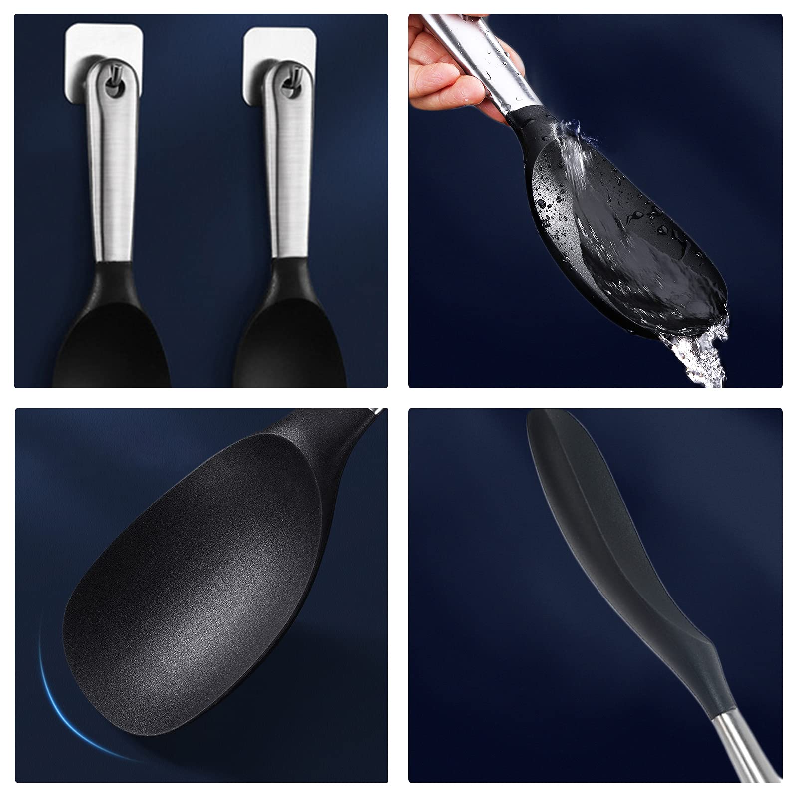 Cucchiaio Per Riso In Silicone Antiaderente Con Manico Acciaio Inox - Cucchiaio A Manico Lungo Per Salse, Insalate E Cucina