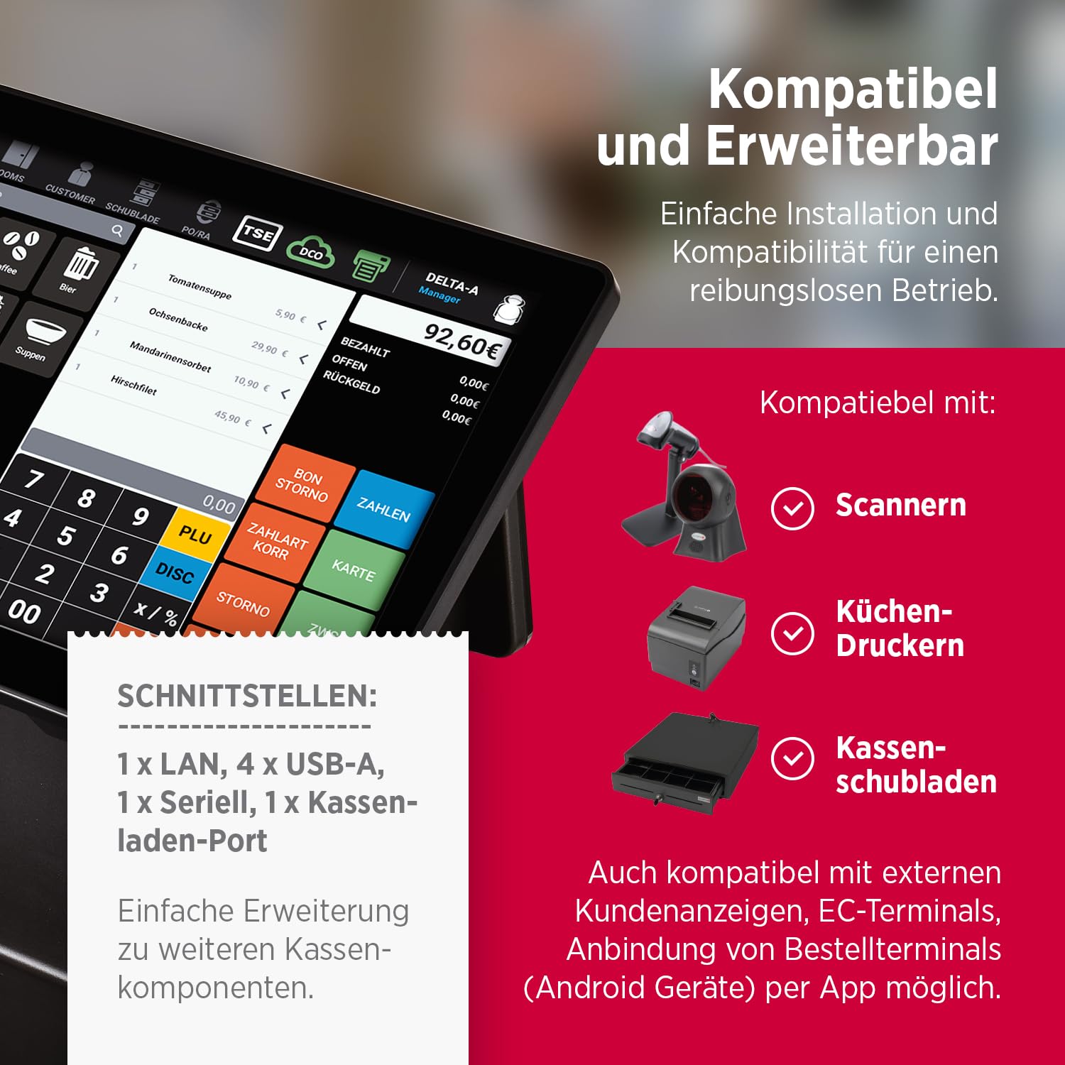 Olympia T400 Kassensystem Touchscreen Kasse Android 11 USB-TSE Registrierkasse Kundenanzeige Cloudoption Komplettsystem