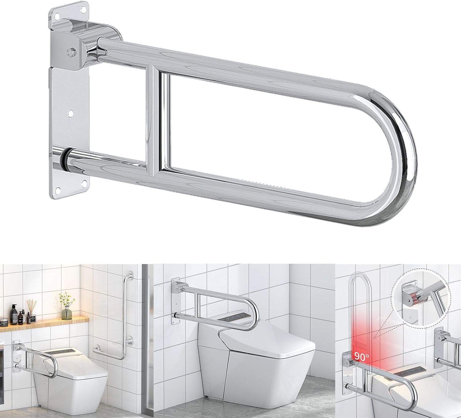 Toliet Handrail, Stainless Steel Foldable Toilet Grab 23.6" Safe Handle with Paper Holders Heavy Duty Support Handle for Bathroom Support