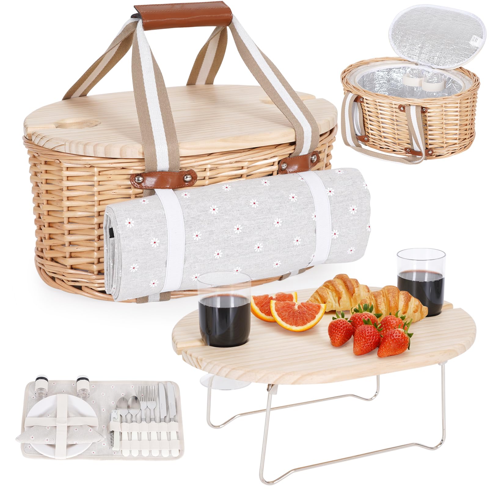 Ensemble de paniers de pique-nique pour 2 personnes - Panier isolé en osier avec couverture imperméable - Table de pique-nique pliable pour vin et couverts - Pour camping, extérieur, Saint-Valentin