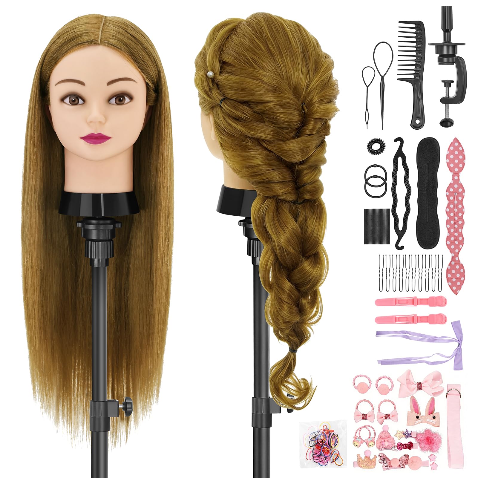 Frisierkopf,80% Puppenkopf Echthaar Blonden Haare,24 Zoll Puppe Übungskopf zum Frisieren,Trainingskopf Friseur Frisuren Puppe mit Tischklemme & Flechtset,Styling Mannequin Kopf für Friseur