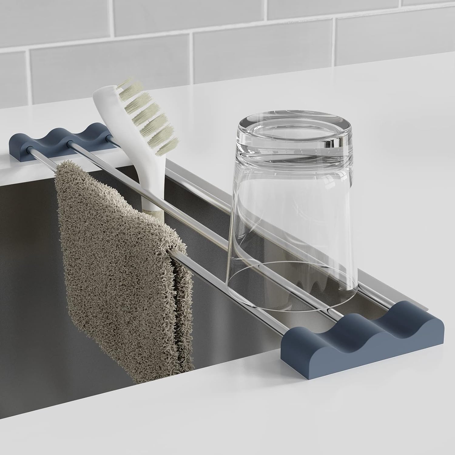 Tomorotec Adjustable Over-The-Sink Kitchen Rack for Dishcloths, Sponges, Bottles and Brushes – Heat-Resistant Stainless Steel with Slim, Expandable Design and Multifunctional Silicone Holder