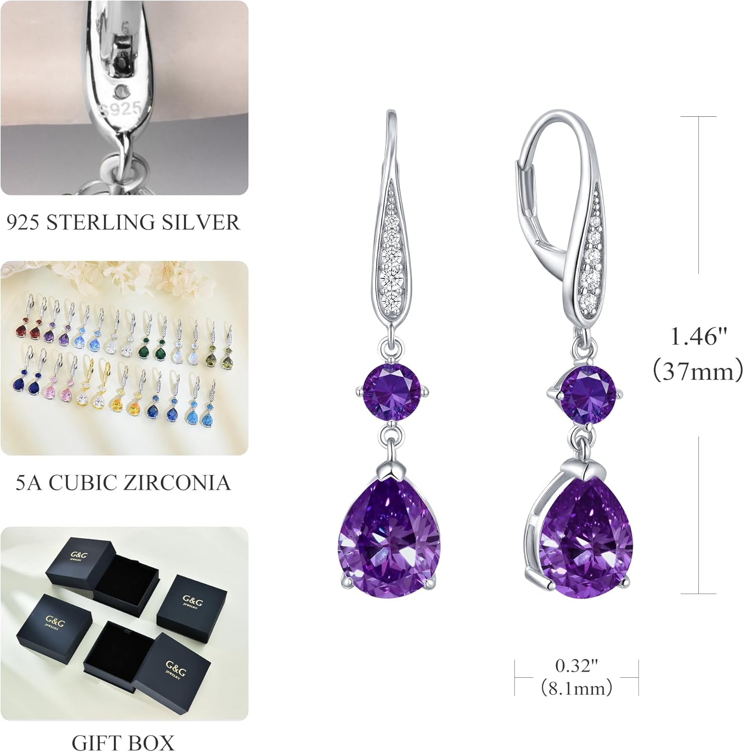 Teardrop Dangle Drop Earrings for Women 925 Sterling Silver Birthstone Leverback Earrings Birthday Valentines Day Anniversary Jewelry Gifts for Women Mom Wife Her - Image 3