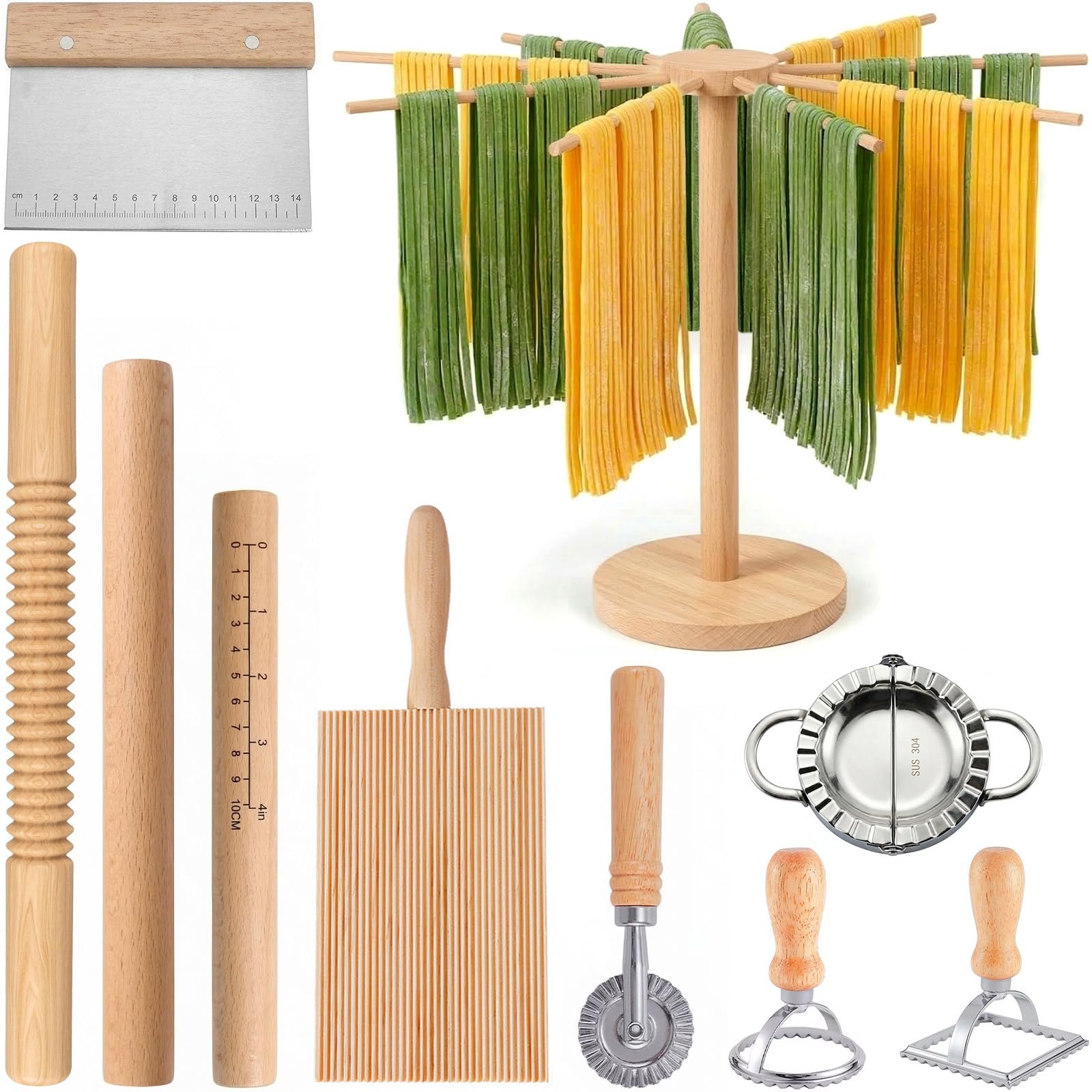 10 Piece Pasta Making Tool Set, Italian Pasta Machine Kit with Ravioli Cutter, Gnocchi Board, Dumpling Press, and Drying Rack for Homemade Fresh Pasta, Ravioli, Dumplings and Gnocchi