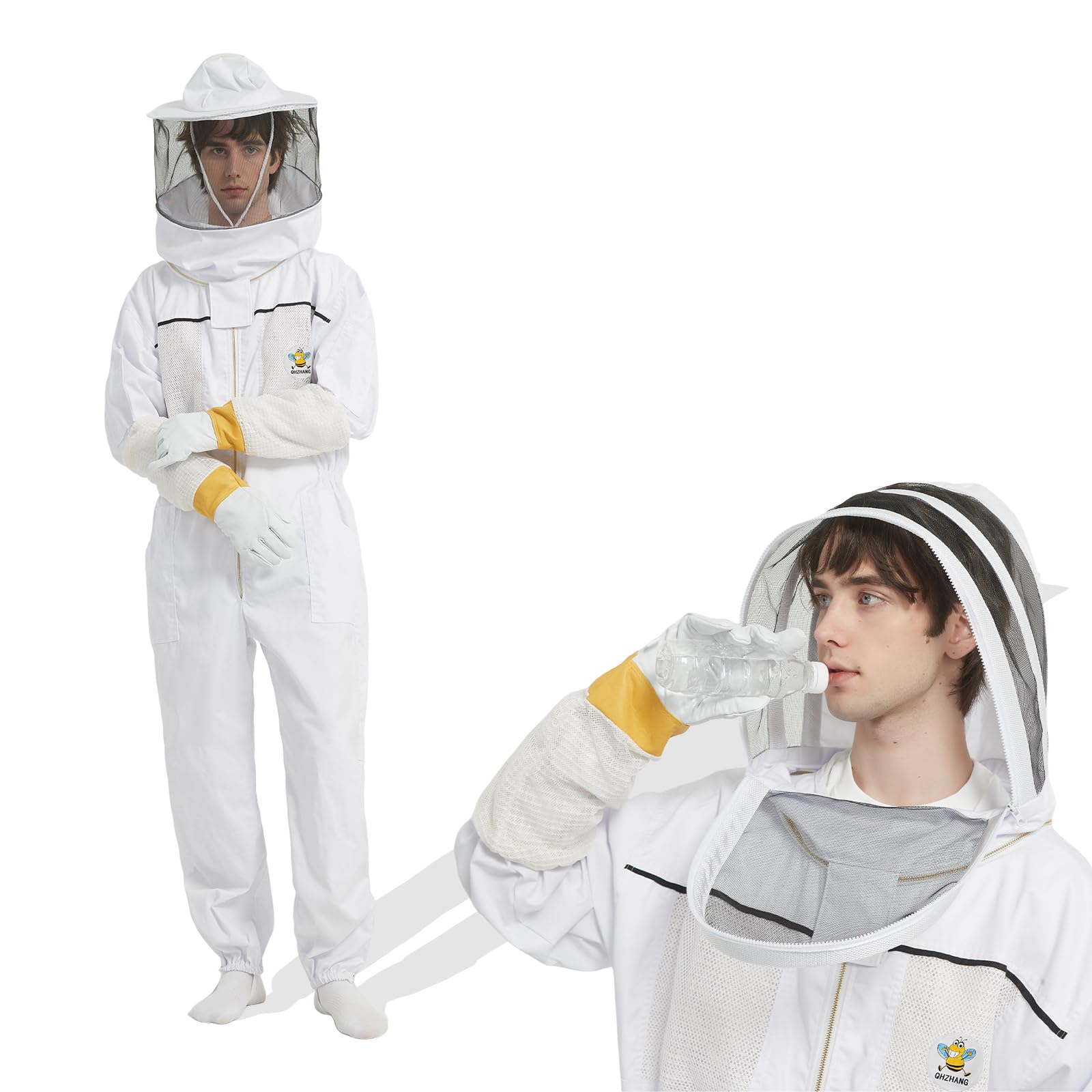 Photo 1 of QHZHANG 3-Layer Ventilated Sting-Proof Beekeeping Suit, One-Piece Bee Suit with 2 Detachable Ventilated Hoods & Goatskin Gloves, Unisex Beekeeper Gear for Apiary & Backyard, Size XL (Fits 5'11"-6'3")
