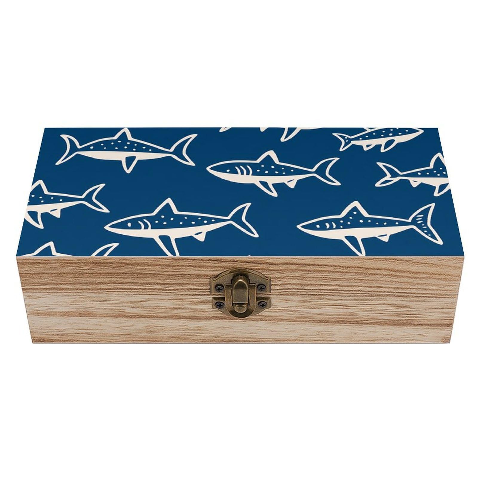 HLBSDM Cartoon Blue White Sharks Retro Wooden Storage Box Jewelry Art Gift Boxs Decorative Keepsake Boxes