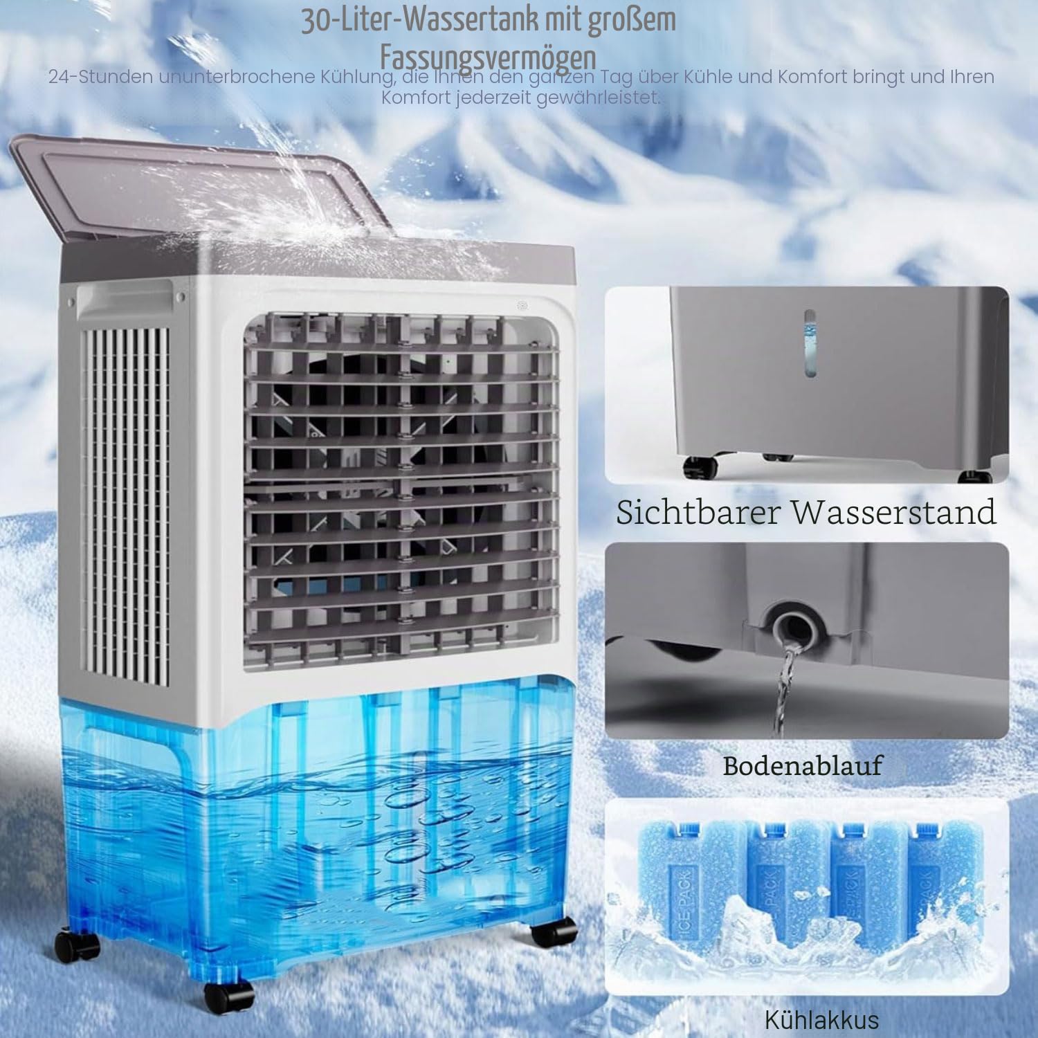 Tragbarer Verdunstungskühler mit digitalen Rädern und Fernbedienung Tankkapazität 30 l Ventilator Kaltluftventilator 120° schwenkbar für Zuhause Büro