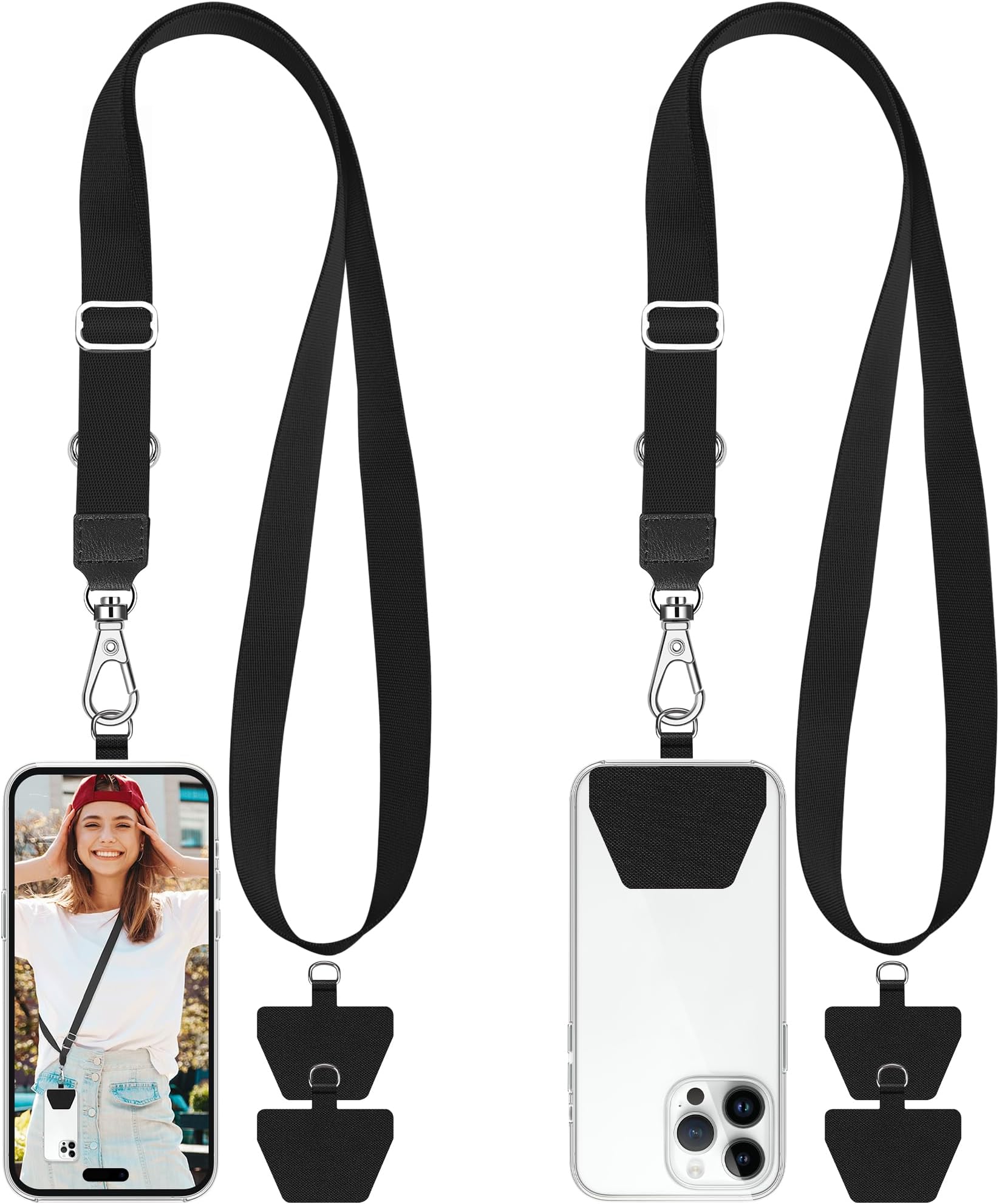takyu 2 Pcs Adjustable Phone Lanyard Neck Strap, Universal Mobile Phone Lanyard with 4 Adhesive Tethers, Compatible for iPhone, Samsung, HUAWEI and Most Smartphone Black & Gray