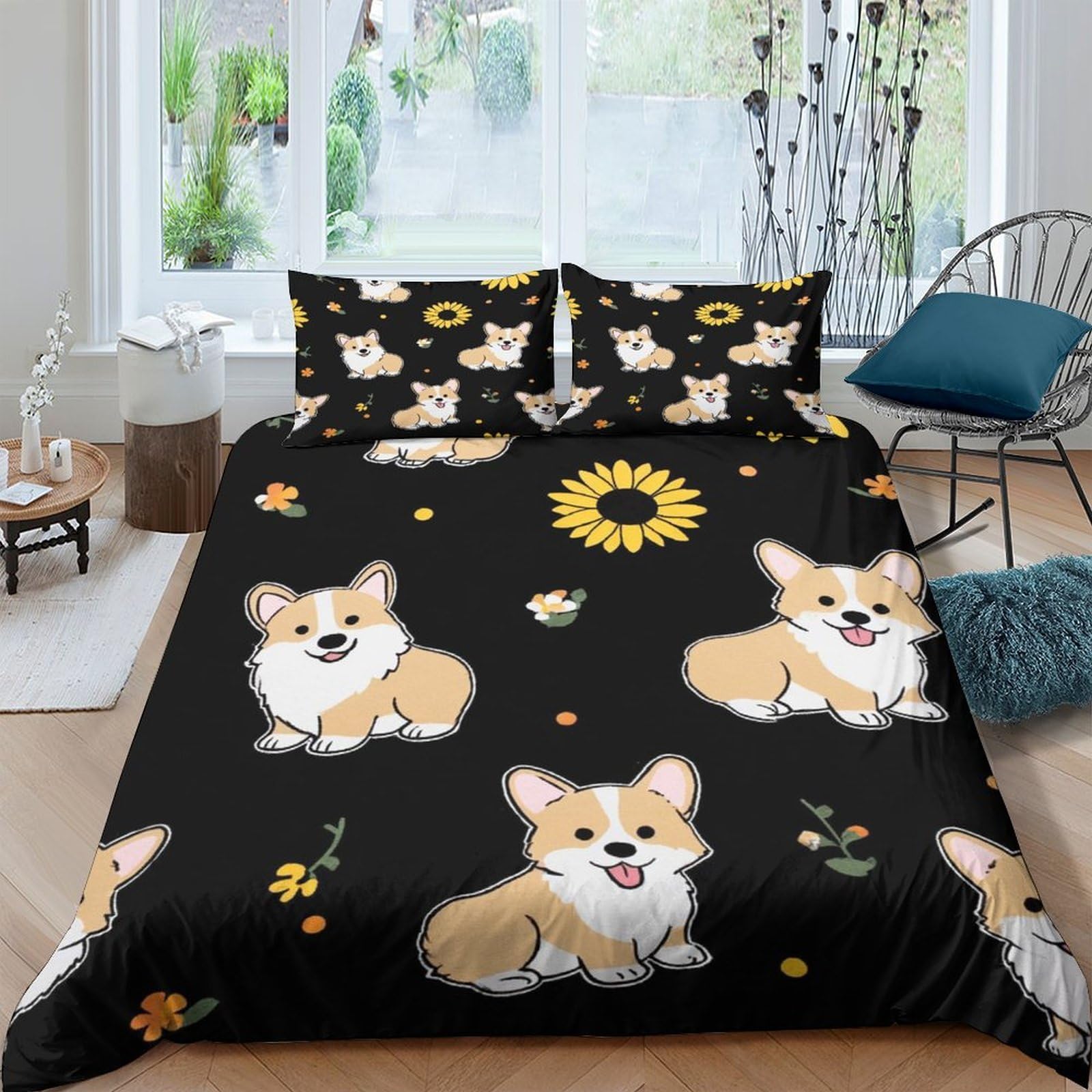 Ctjqhvkz Style-5 3D Printed Corgi Sunflower Fitted Sheet Microfiber Soft Black Dog Bed Cover For Bedroom Guest Room Machine Washable Decor Single（135X200cm）