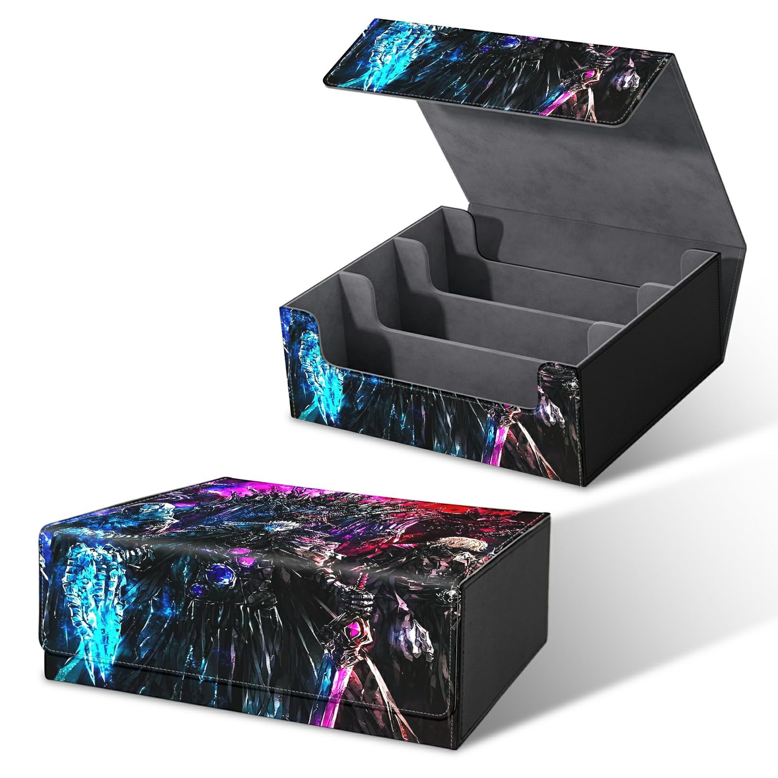 RWUTYTIUL Card Deck Box for MTG, Cards Storage Box Fits 120+ Sleeved, Leather Big Size Strong Magnetic Closing Case for Board Games Magic TCG CCG Baseball Collection Women Man, Night Warriors