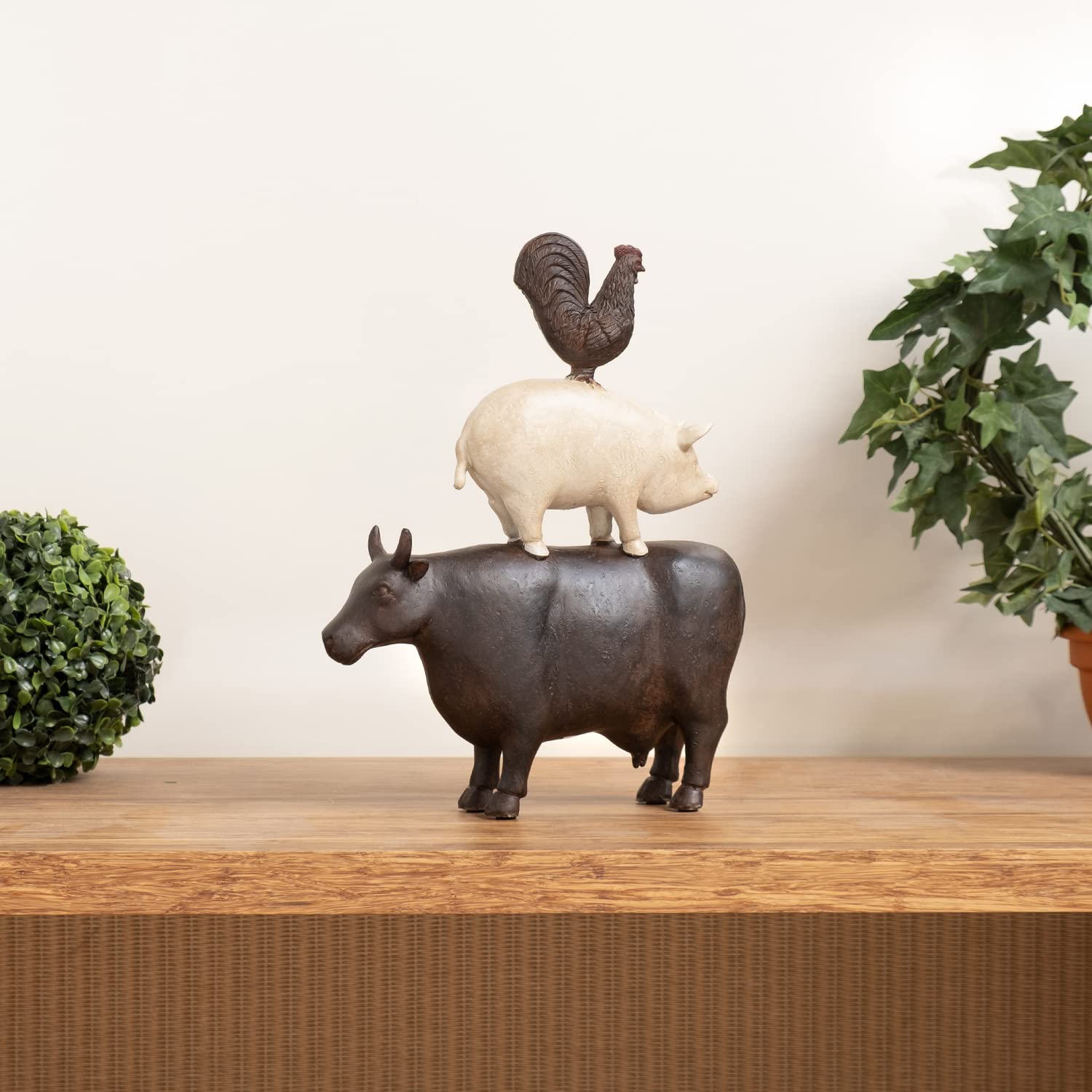 Moritz Deko-Figur Kuh Schwein und Hahn Stehen aufeinander aus Polyresin Dekorations Idee Standdeko Tierwelt Statue Skulptur