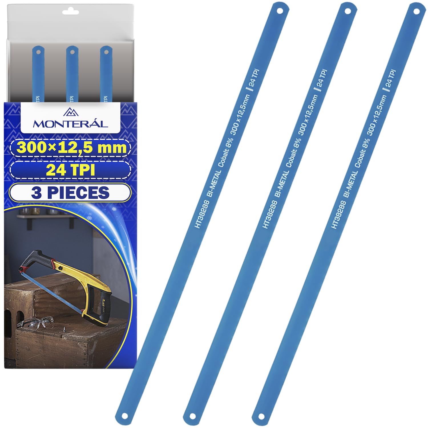 3 Pieces Metal Saw Blade 300 mm x 12.5 mm 24 TPI Hardness 58-64 HRC – Bi-Metal Saw Blade Made of Steel M42 + 6150 with 8% Cobalt Added - MONTERAL