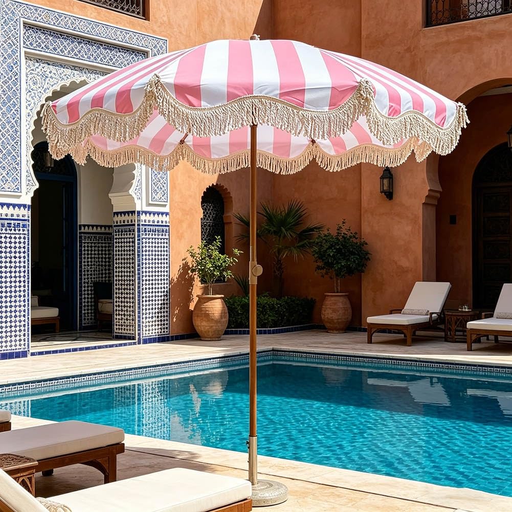 Sombrilla de jardín de 200 cm a rayas rosas, sombrilla de playa boho con flecos, inclinable y altura ajustable, UPF 50+, para piscina, patio, terraza