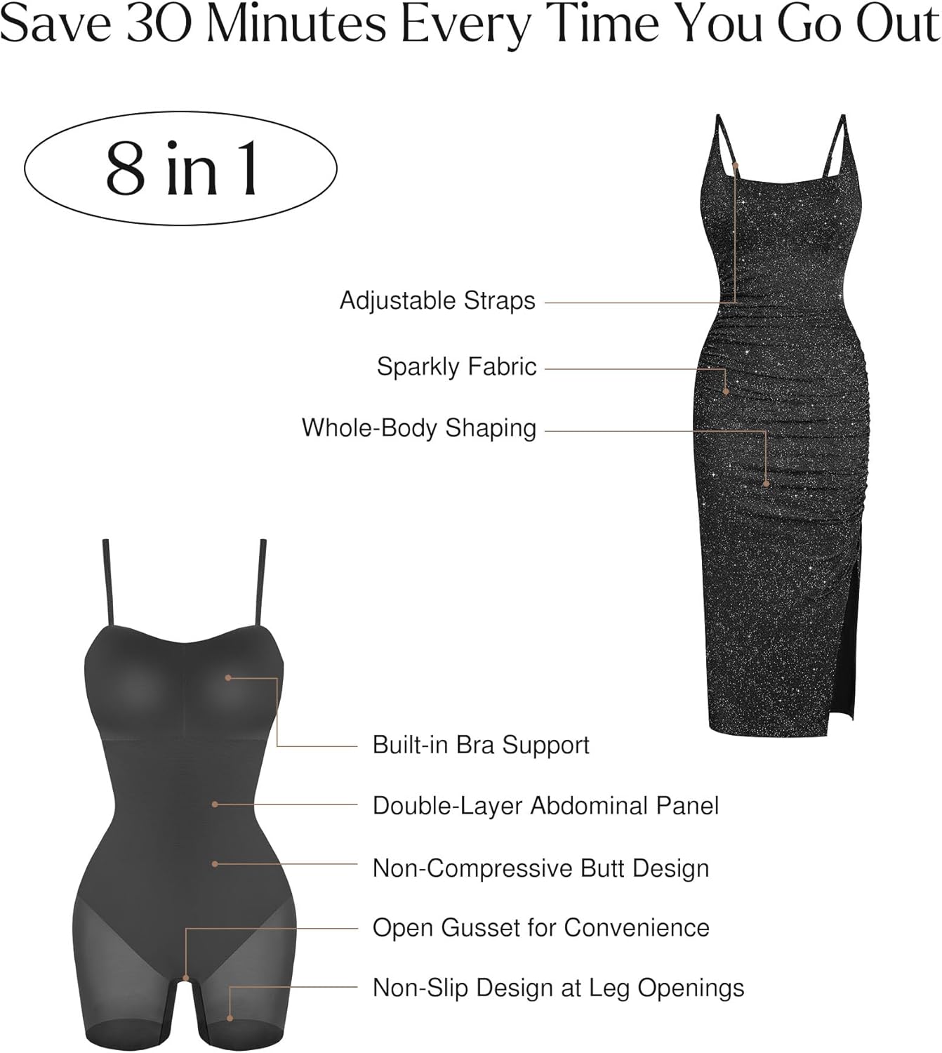 Popilush Shapewear Midi Dress Women's Sparkly Formal Wedding Guest Cocktail Dresses Fall Square Neck Ruched Dress Side Slit - Image 3