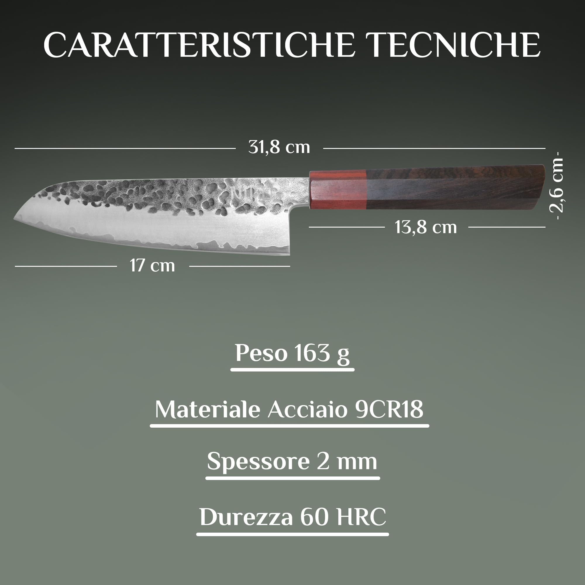 NIRO Coltello Professionale Giapponese Santoku in Acciaio Damascato, 67 Strati, Durezza 60 HRC, Manico Pregiato in Ebano e Sandalo, Bilanciamento perfetto, Resistente all’usura