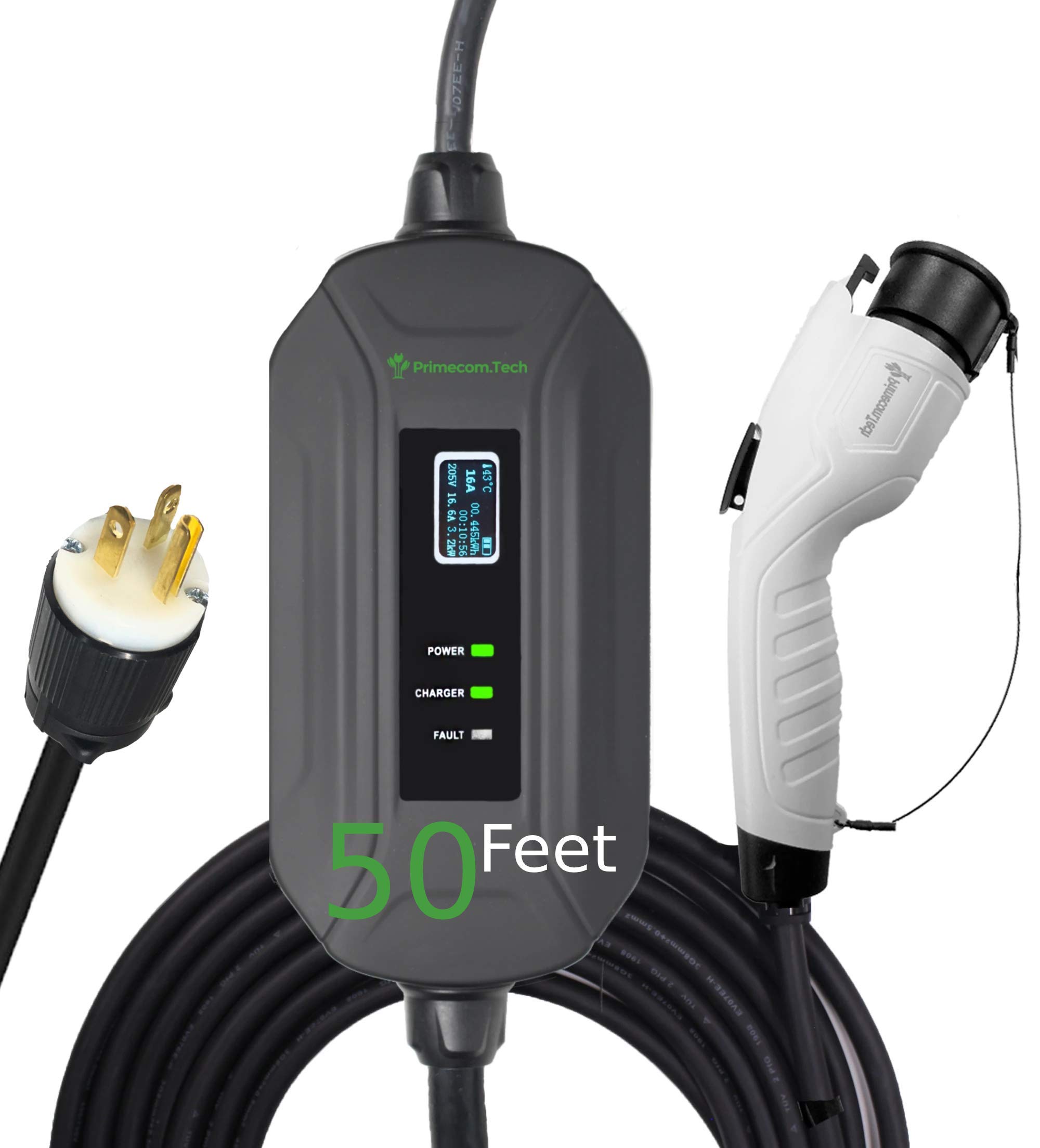 PRIMECOM Level 2 Electric Vehicle (EV) Charger (220V / 240Volt, 16Amp) Portable EVSE Smart Electric Car Charger, 30', 40', and 50 Feet Lengths (NEMA 6-20P, 50 Feet)
